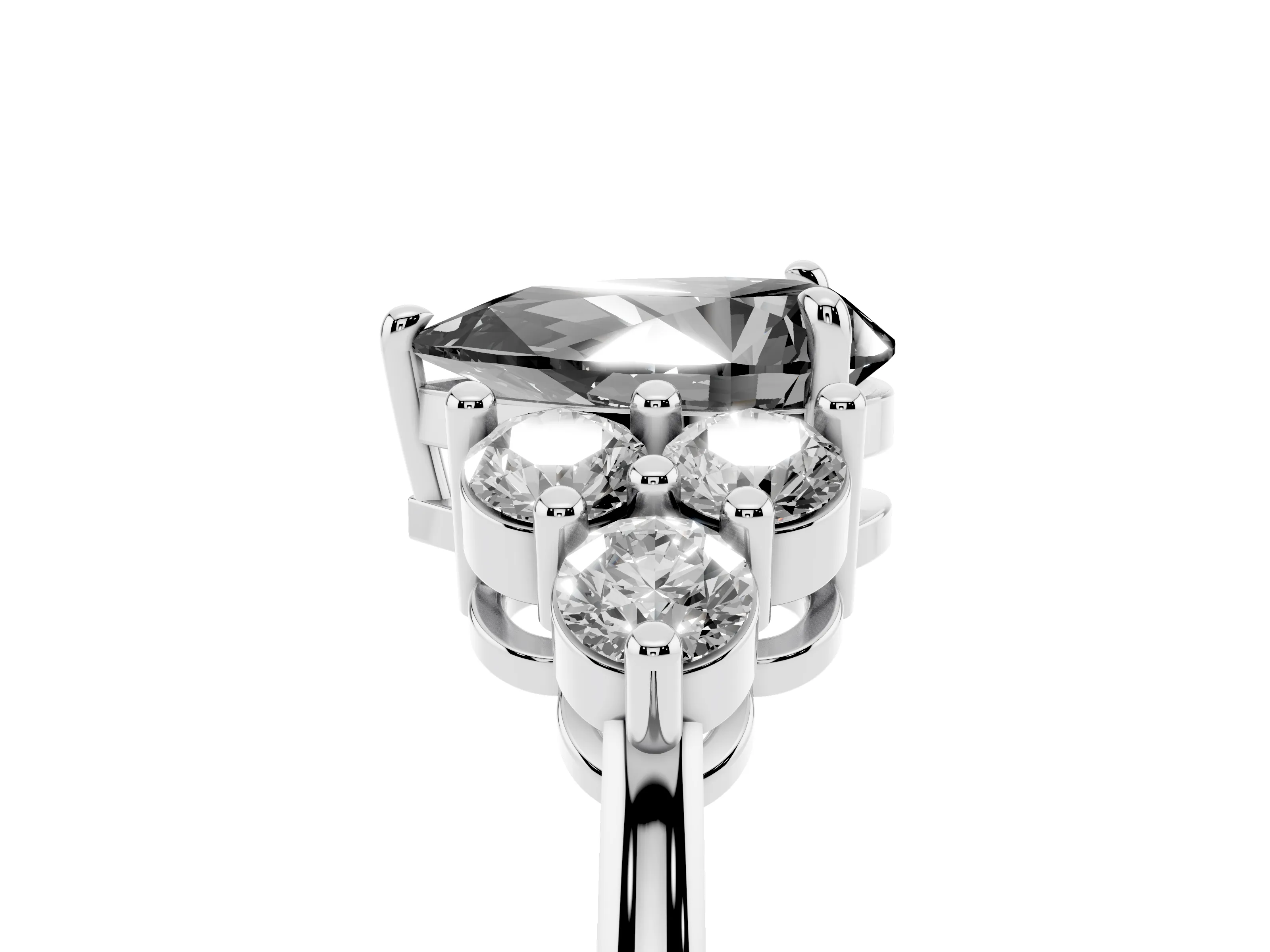 Fancy Black Pear Cut Diamond Solitaire Ring Set in Silver with Cluster Accents on Each Side