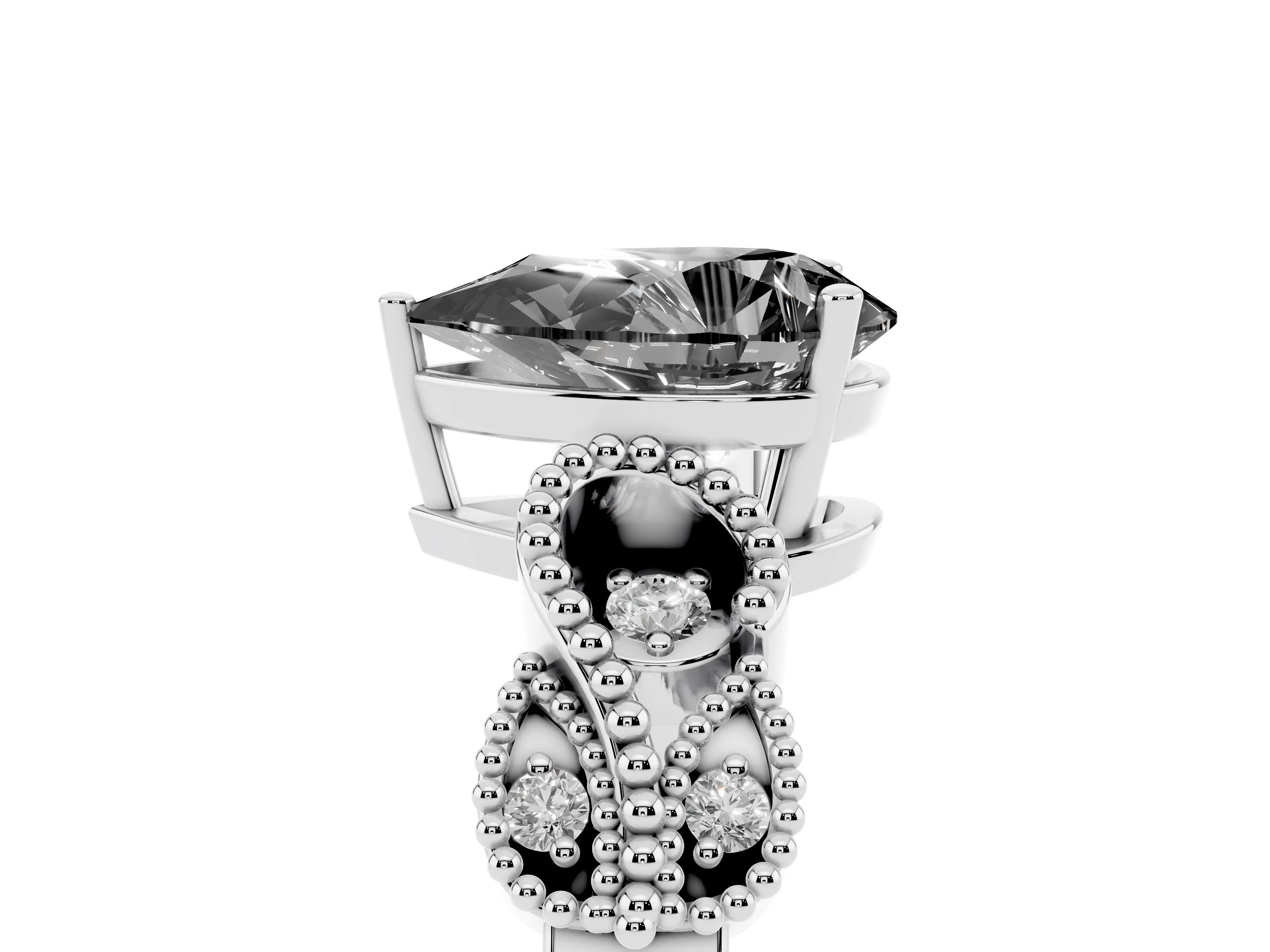 Fancy Black Pear Cut Diamond Milgrain Leaf Band Solitaire Ring Set in White gold with Accent Stones and Prong Setting