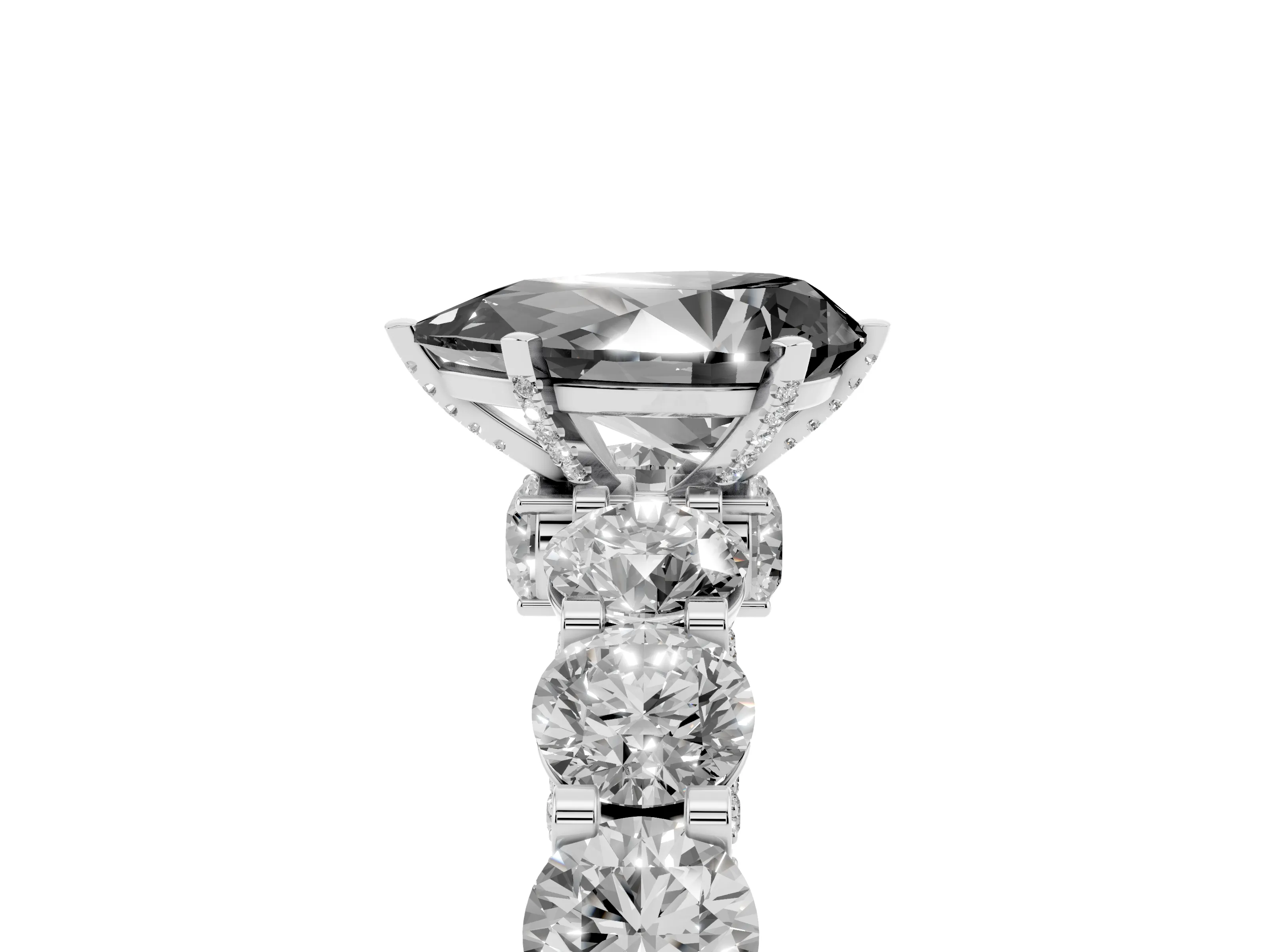 Fancy Black Pear Cut Diamond Side Stone Ring Set in White gold with Alternating Round and Oval Side Stones