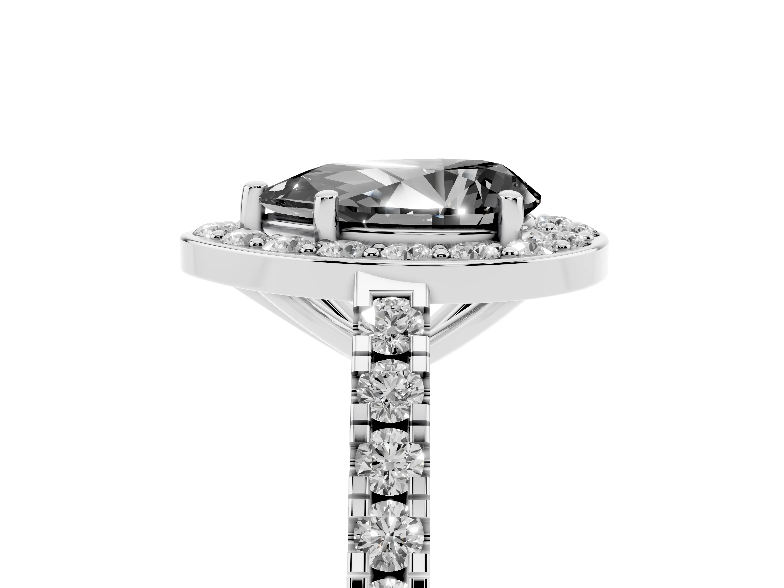 Fancy Black Pear Cut Diamond Halo Ring Set in White gold with Round Pavé Split Shank and Prong Setting