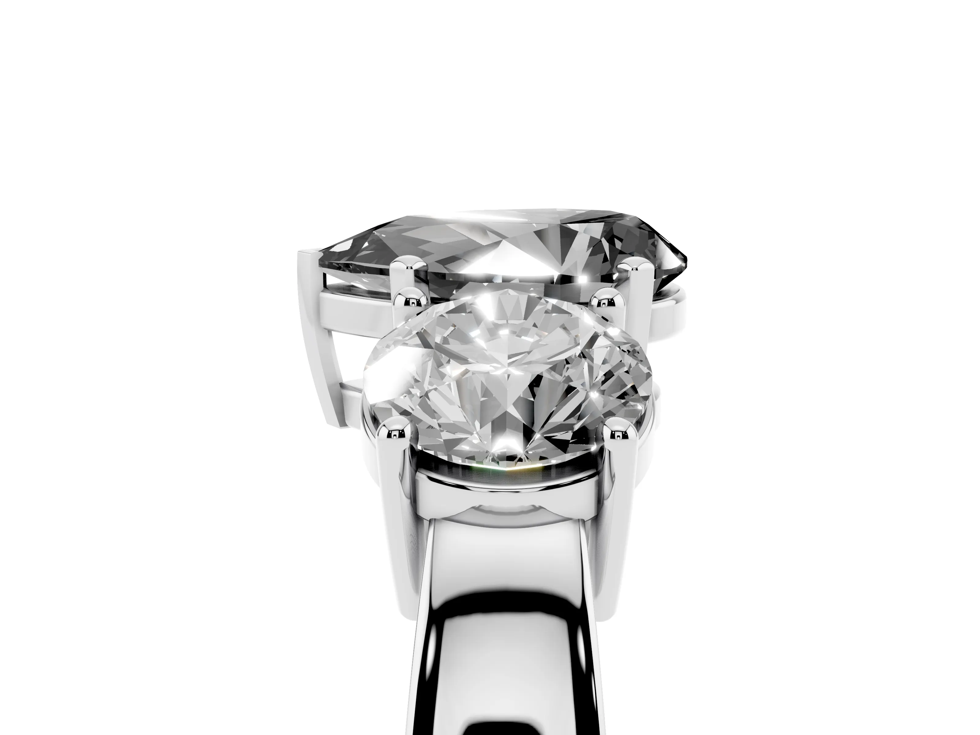Fancy Black Pear Cut Diamond Three-Stone Ring Set in Platinum with Round Side Stones and Classic Band