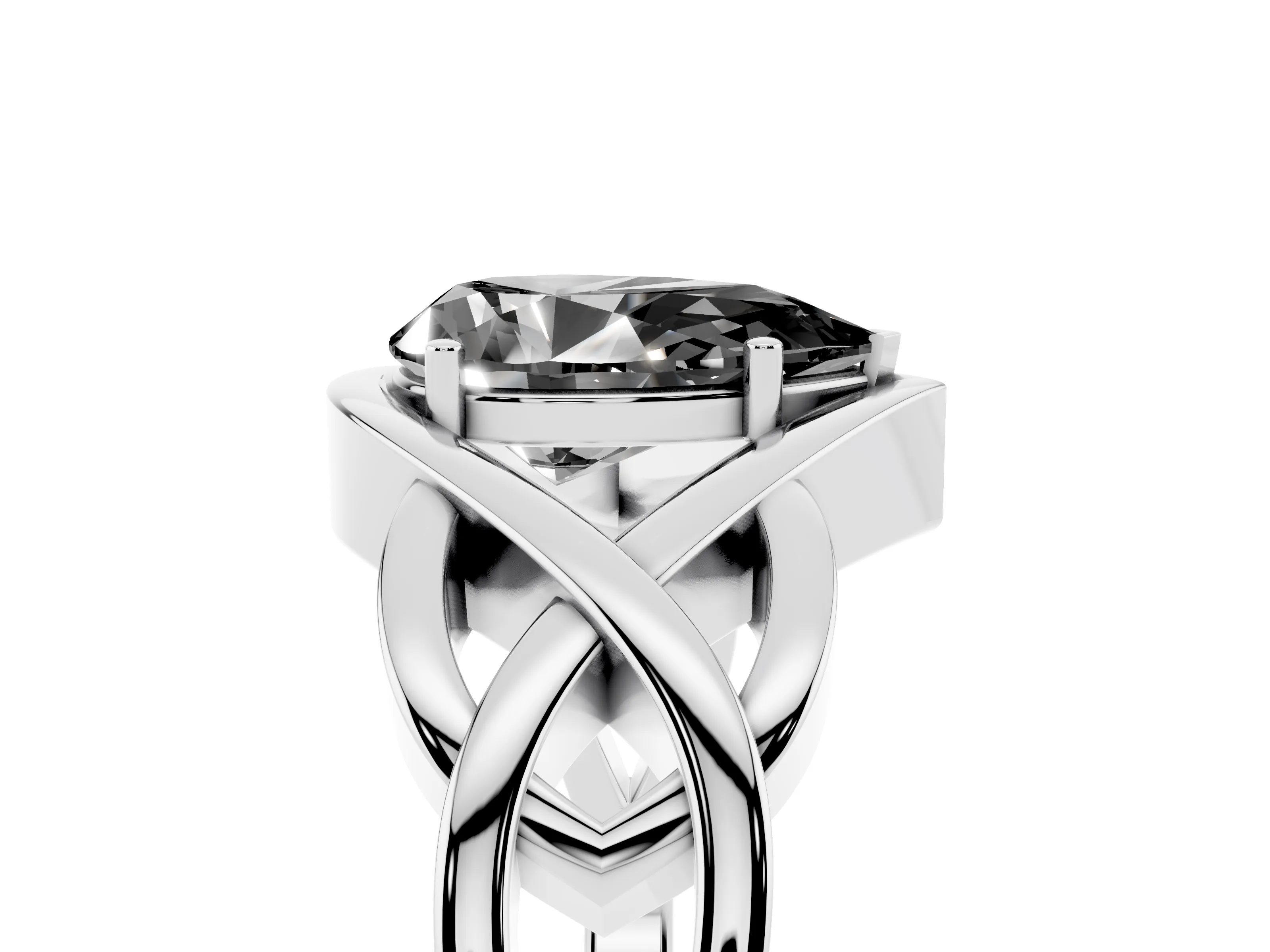 Fancy Black Pear Cut Diamond Solitaire Ring Set in Platinum with Intertwined Band