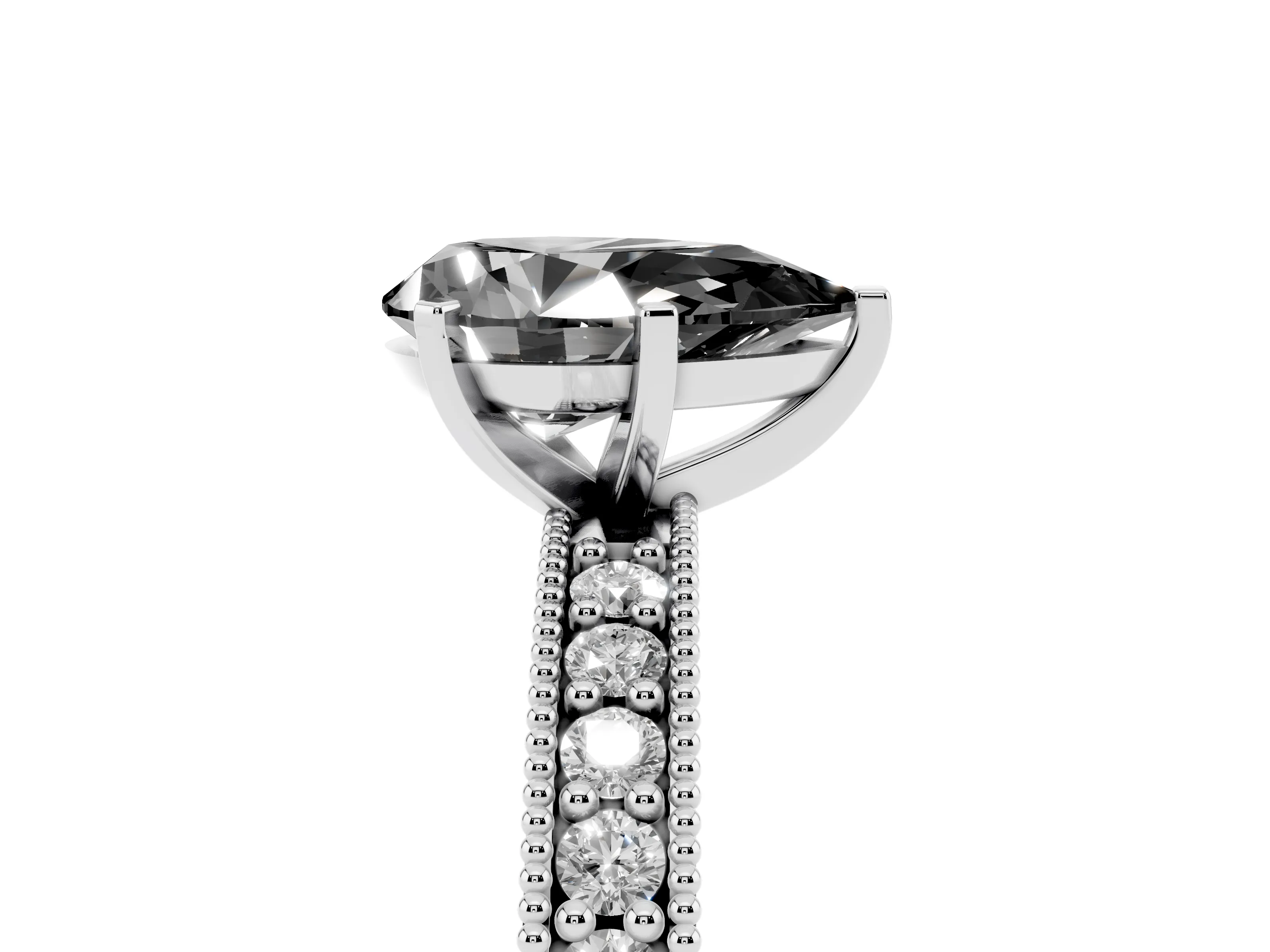 Fancy Black Pear Cut Diamond Milgrain Pavé Engagement Ring Set in White gold with Prong Setting