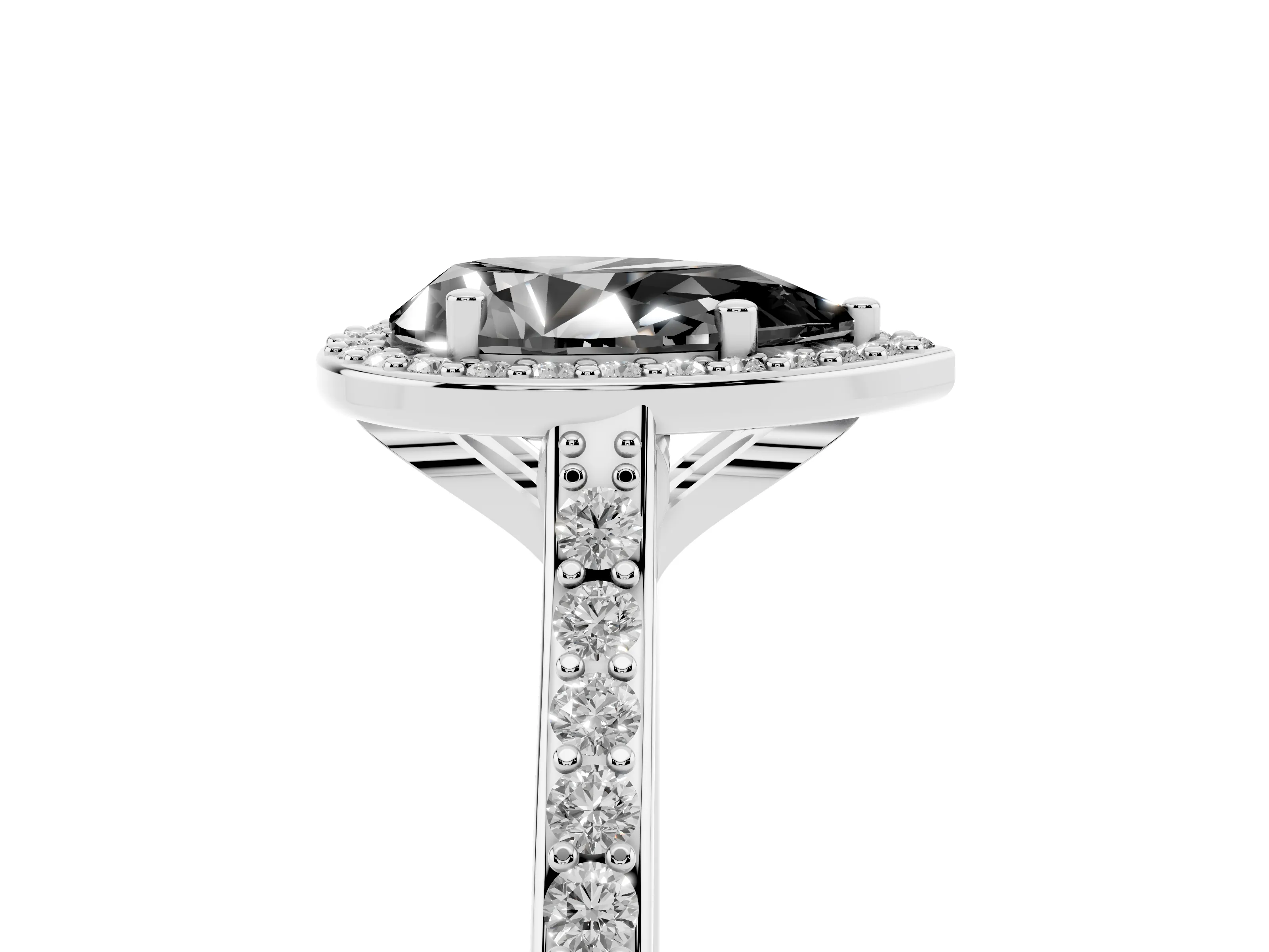 Fancy Black Pear Cut Diamond Halo Engagement Ring Set in White gold with Round Pavé Shoulders and Heart Gallery