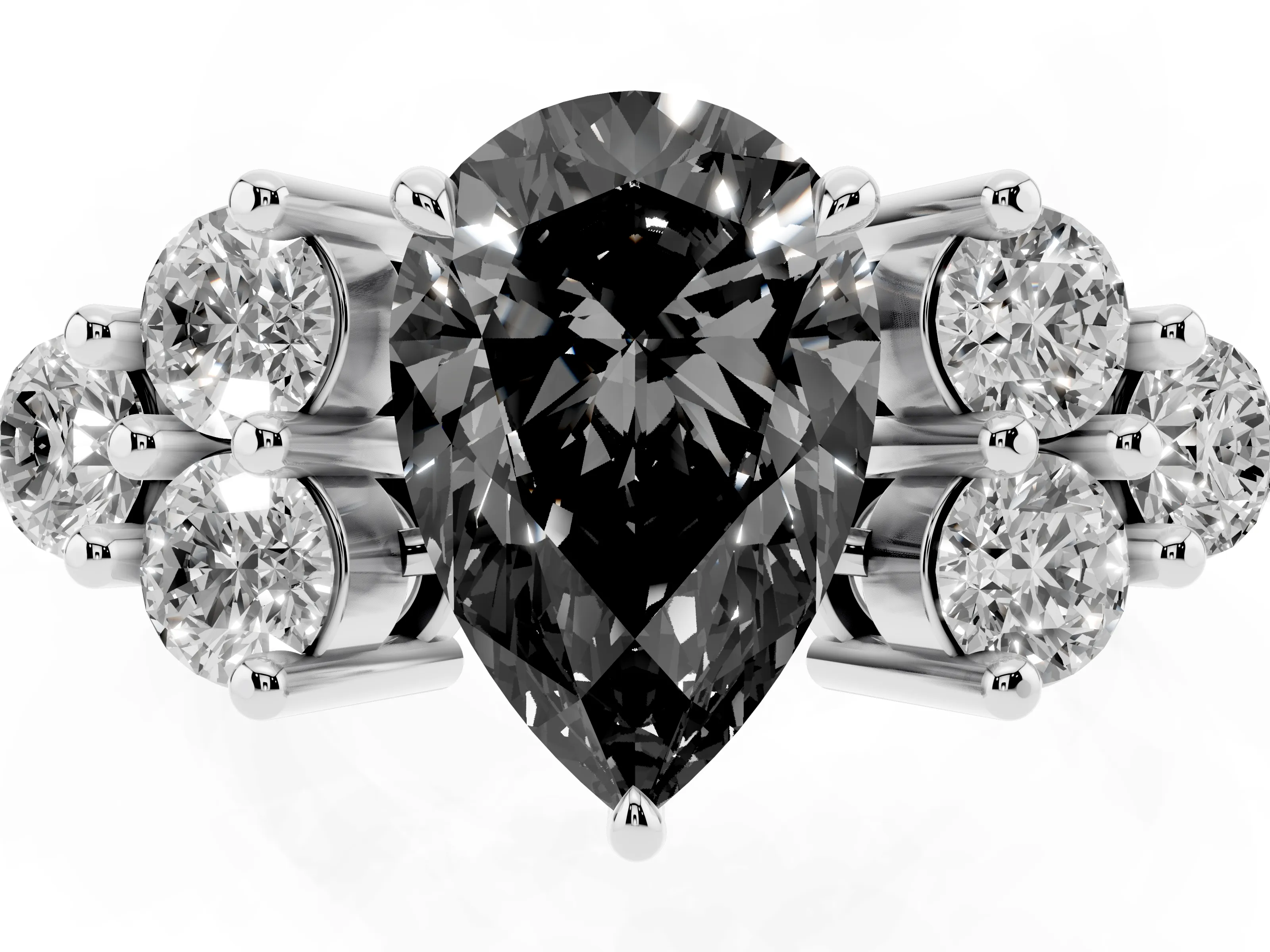 Fancy Black Pear Cut Diamond Solitaire Ring Set in Silver with Cluster Accents on Each Side