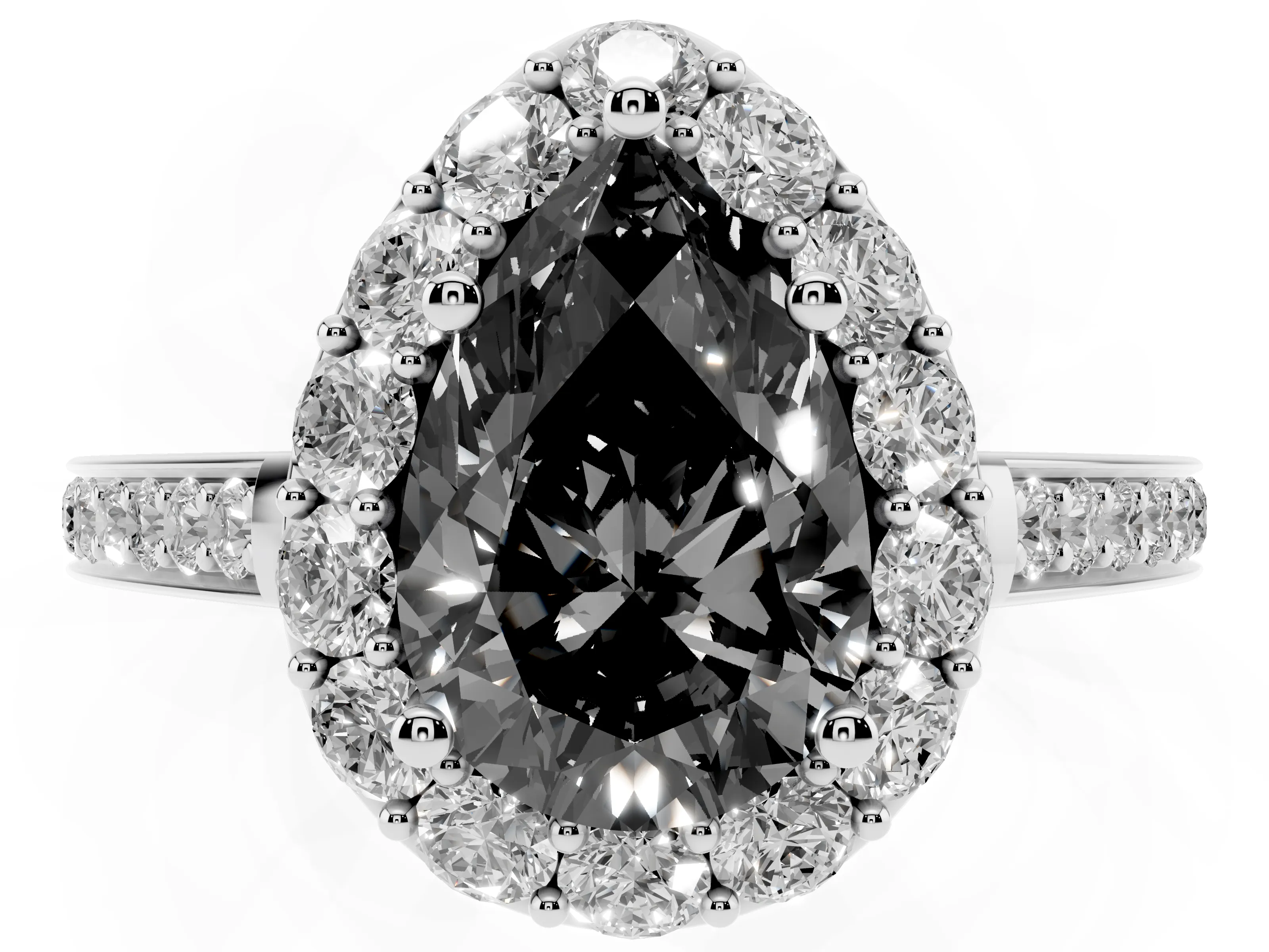 Fancy Black Pear Cut Diamond Floral Halo Ring Set in Silver with Pavé Band and Prong Setting