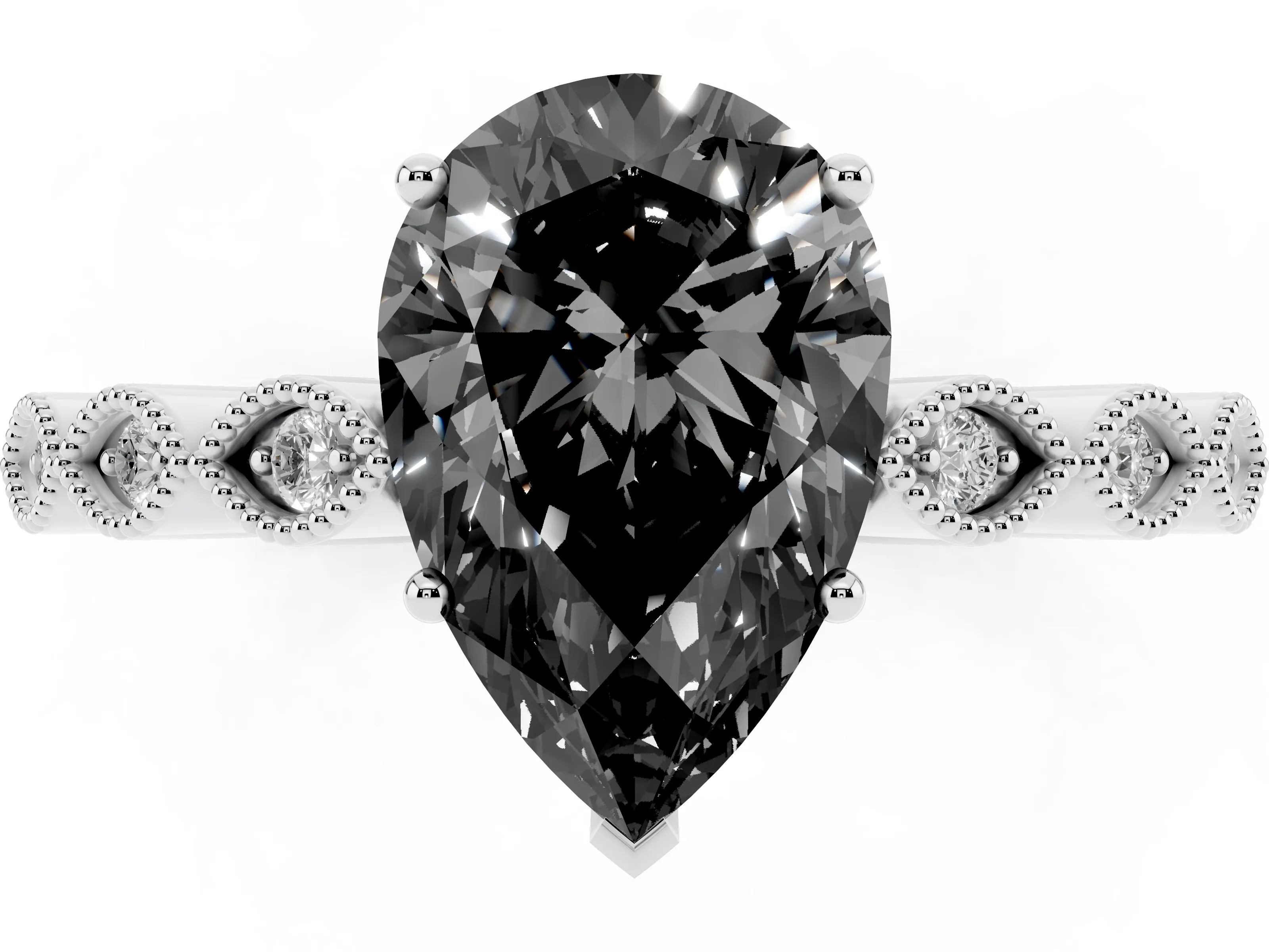 Fancy Black Pear Cut Diamond Solitaire Ring Set in Platinum with Infinity Twist Pavé Band
