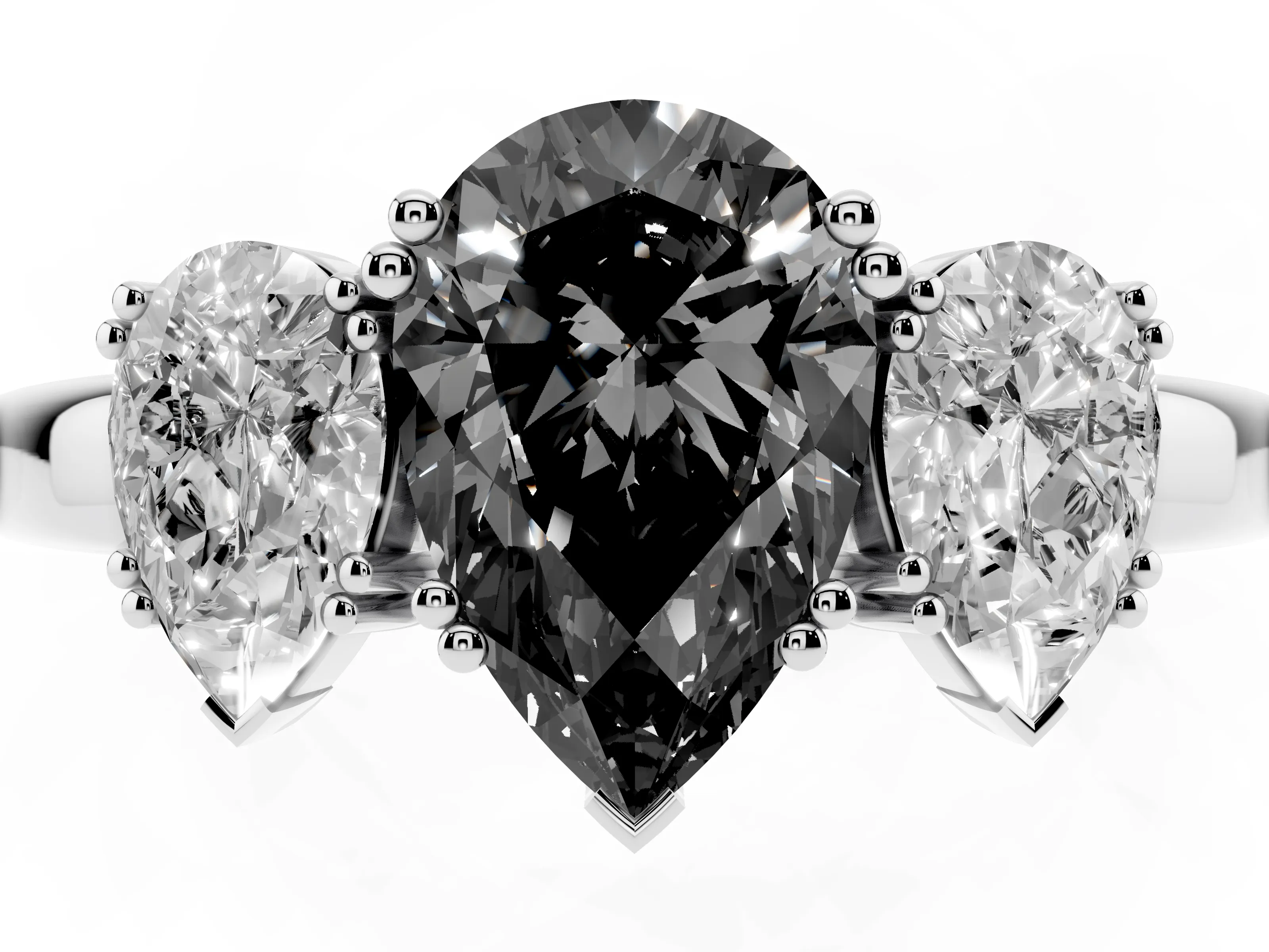 Fancy Black Pear Cut Diamond Three-Stone Ring Set in White gold with Polished Channel-Set Band