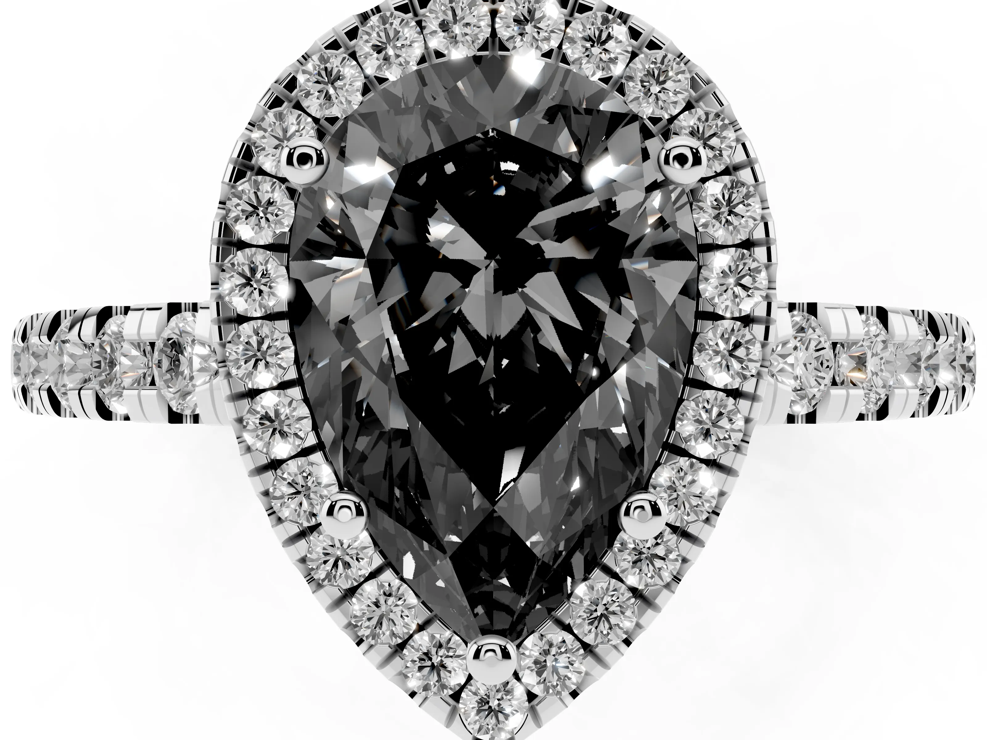 Fancy Black Pear Cut Diamond Halo Ring Set in Silver with Delicate Pavé Band and Prong Setting