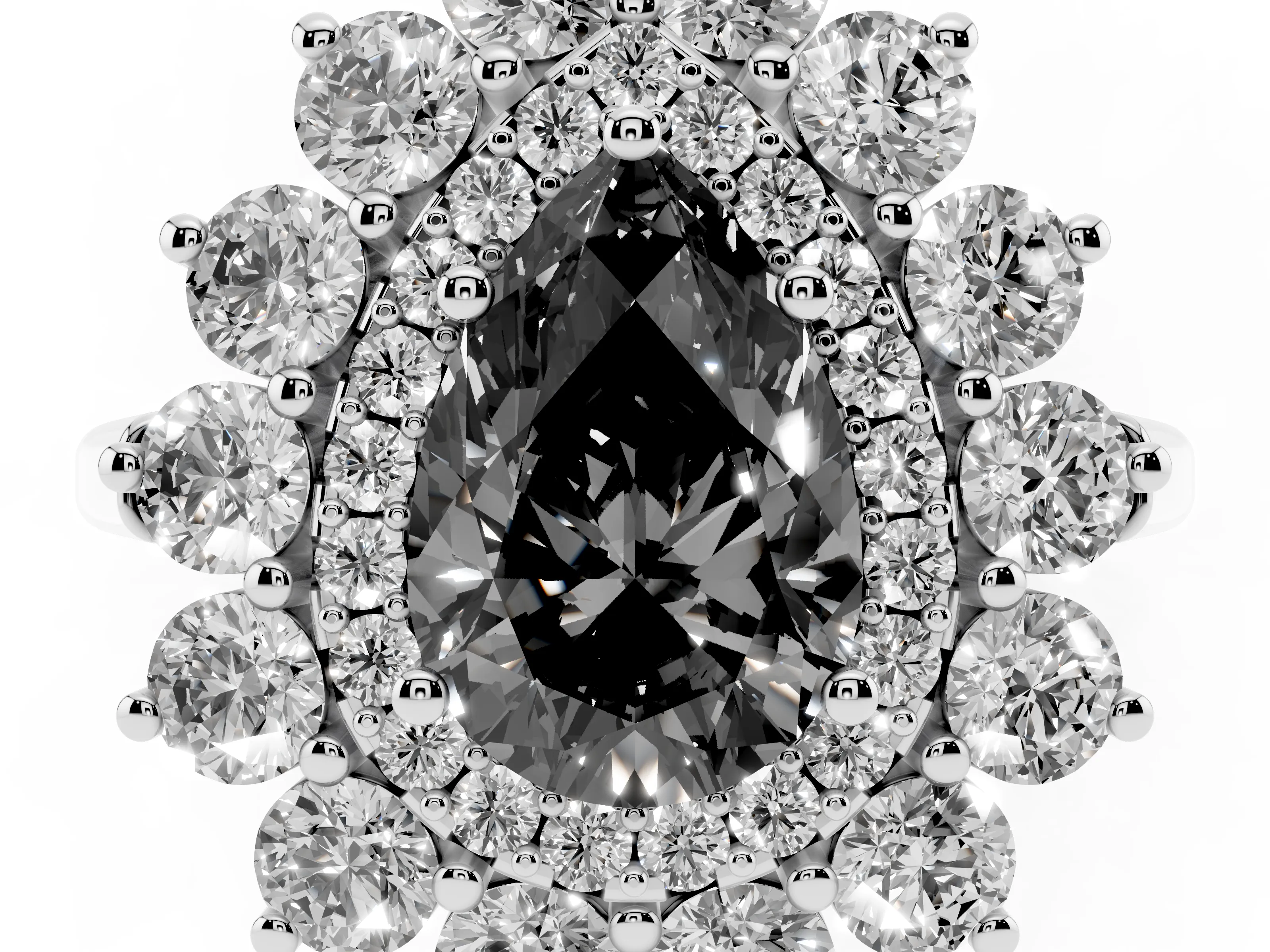 Fancy Black Pear Cut Diamond Floral Double Halo Ring Set in Silver with Round Petals