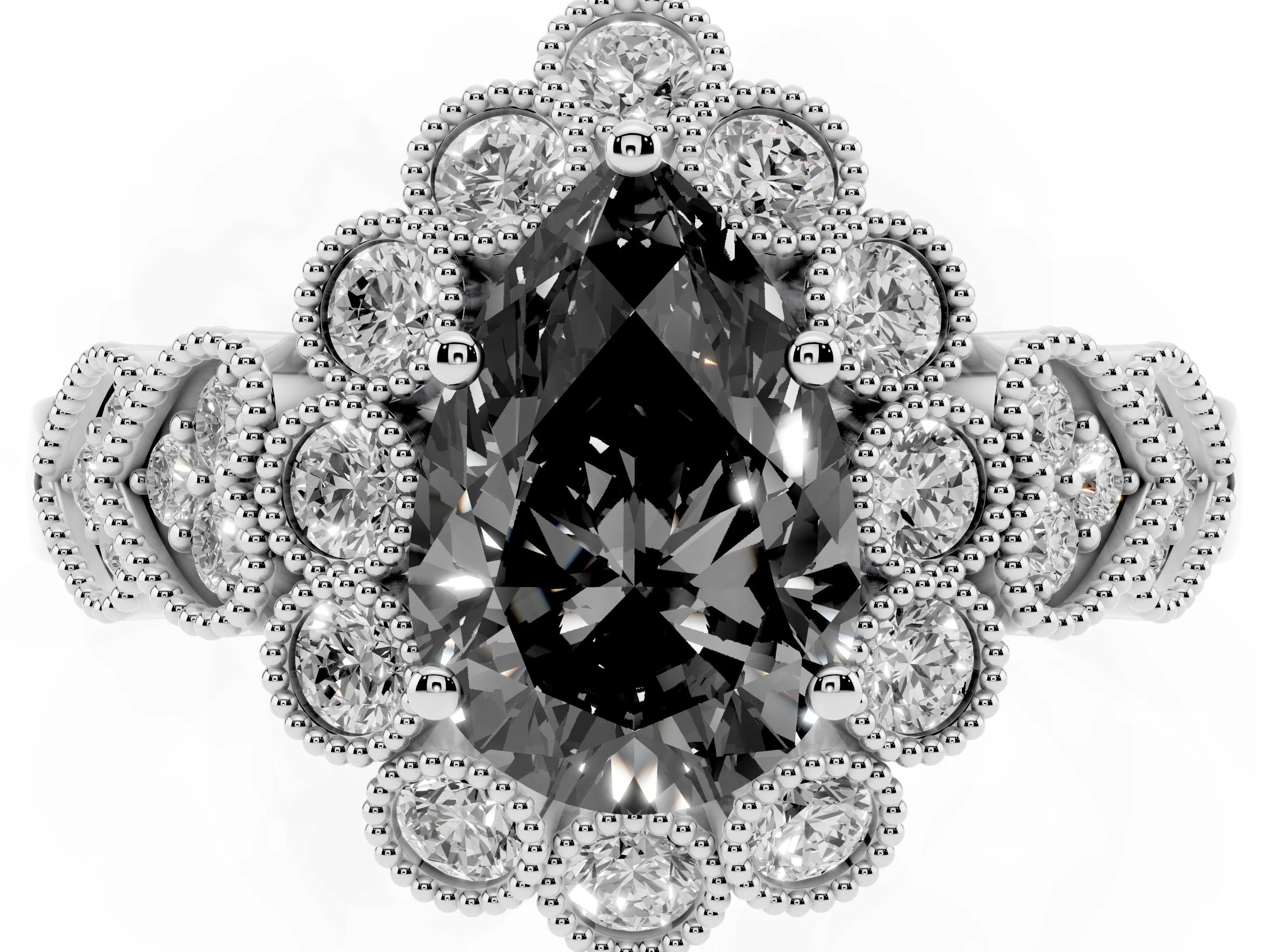 Fancy Black Pear Cut Diamond Solitaire Ring Set in Platinum with Milgrain Pavé Heart Band