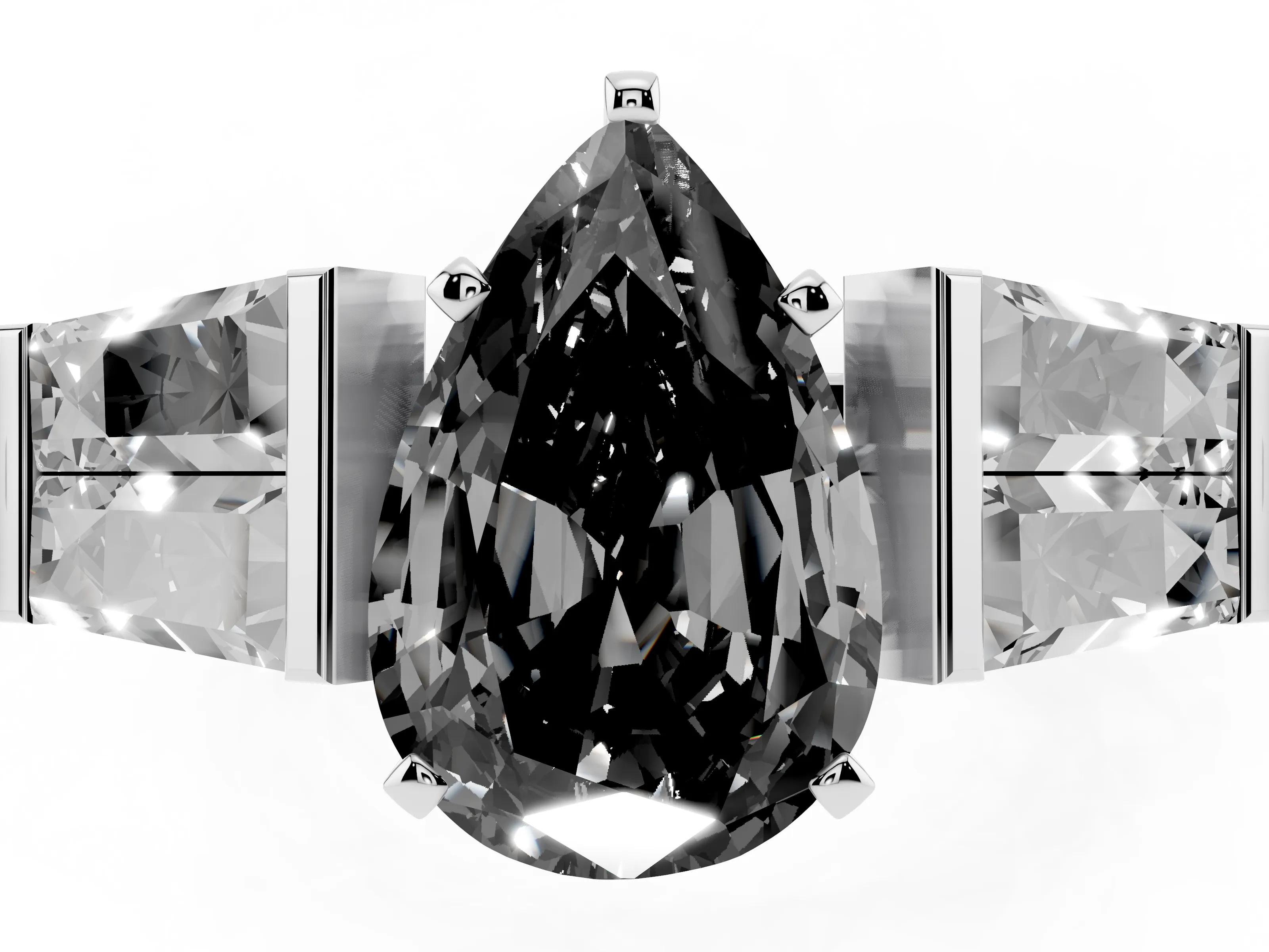 Fancy Black Pear Cut Diamond Engagement Ring Set in White gold with Baguette Side Stones and Channel Set Band