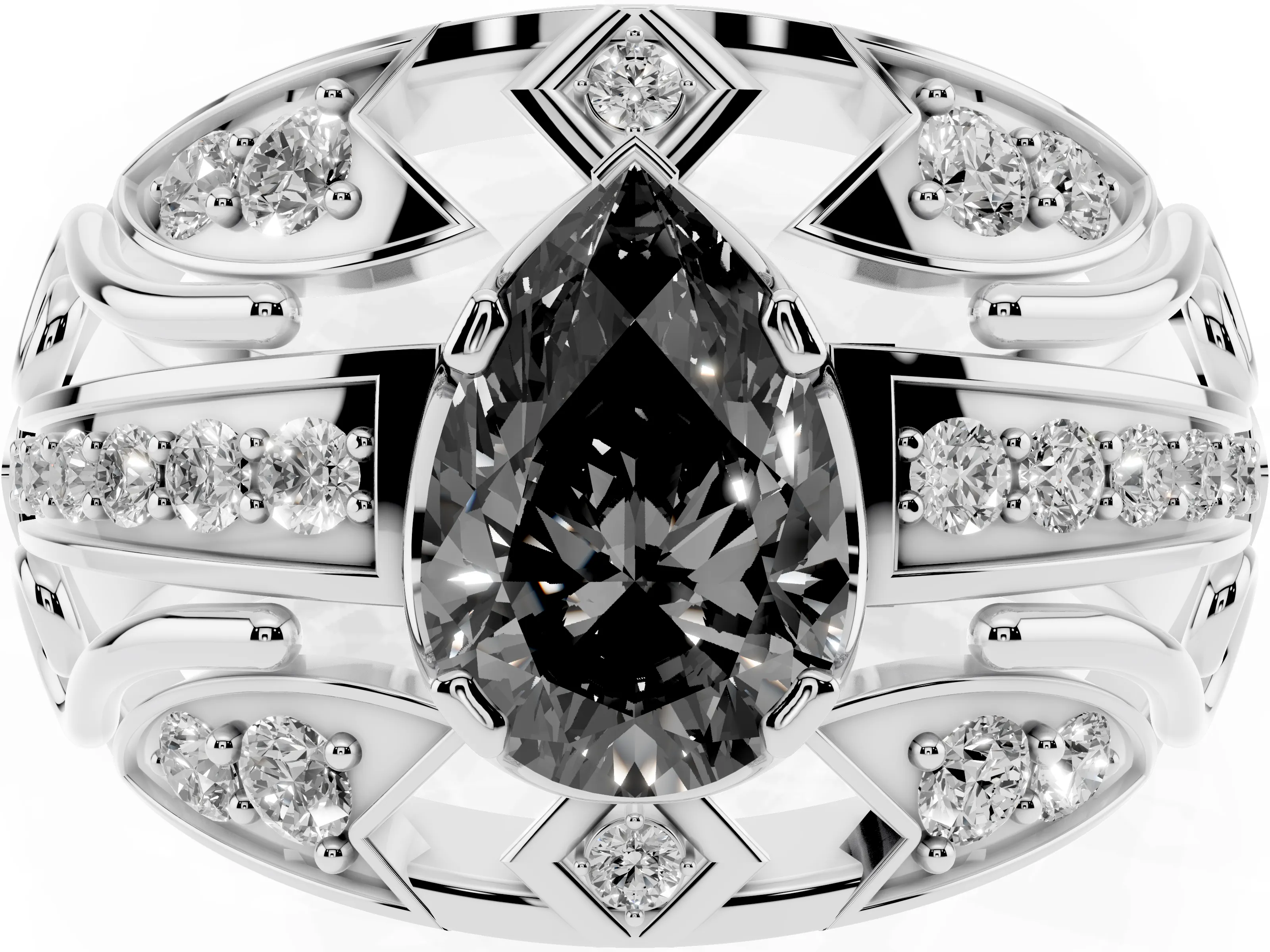 Fancy Black Pear Cut Diamond Art Deco Ring Set in White gold with Pavé Split Shank