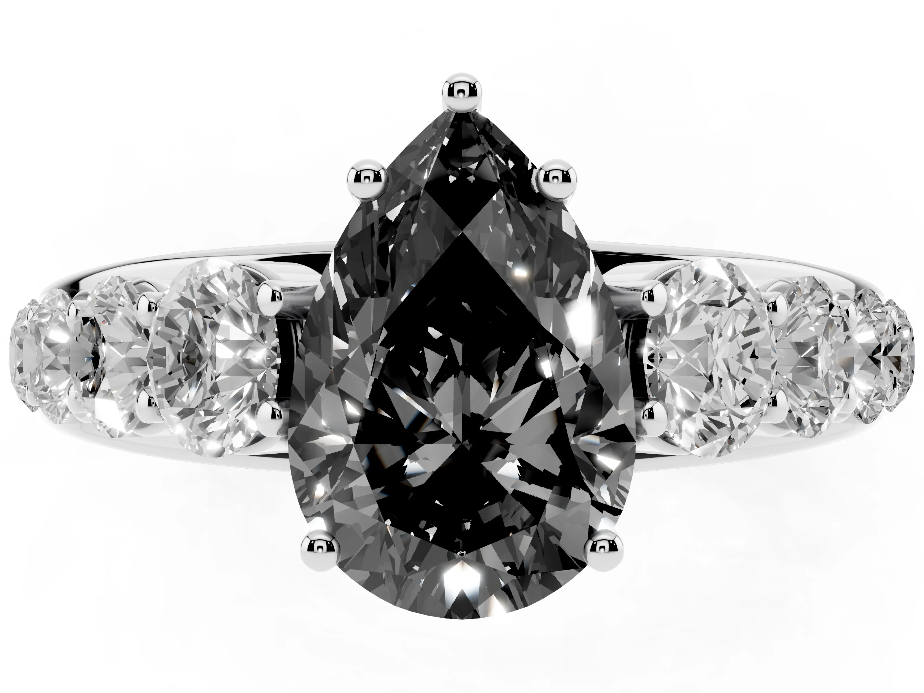 Fancy Black Pear Cut Diamond Solitaire Ring Set in Silver with Pavé-Set Band and Prong Setting