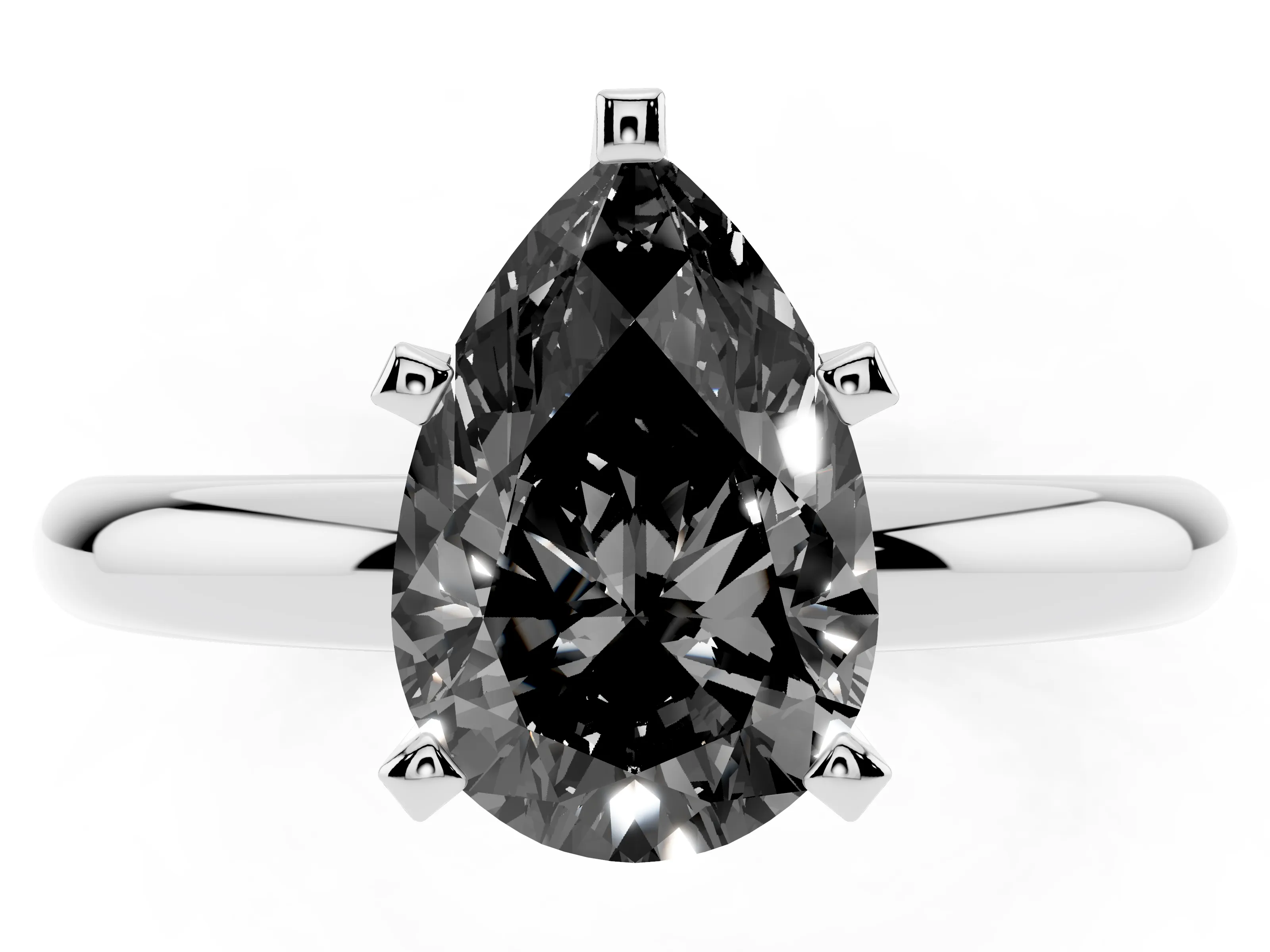 Fancy Black Pear Cut Diamond Solitaire Engagement Ring Set in White gold with Round Band and Prong Setting