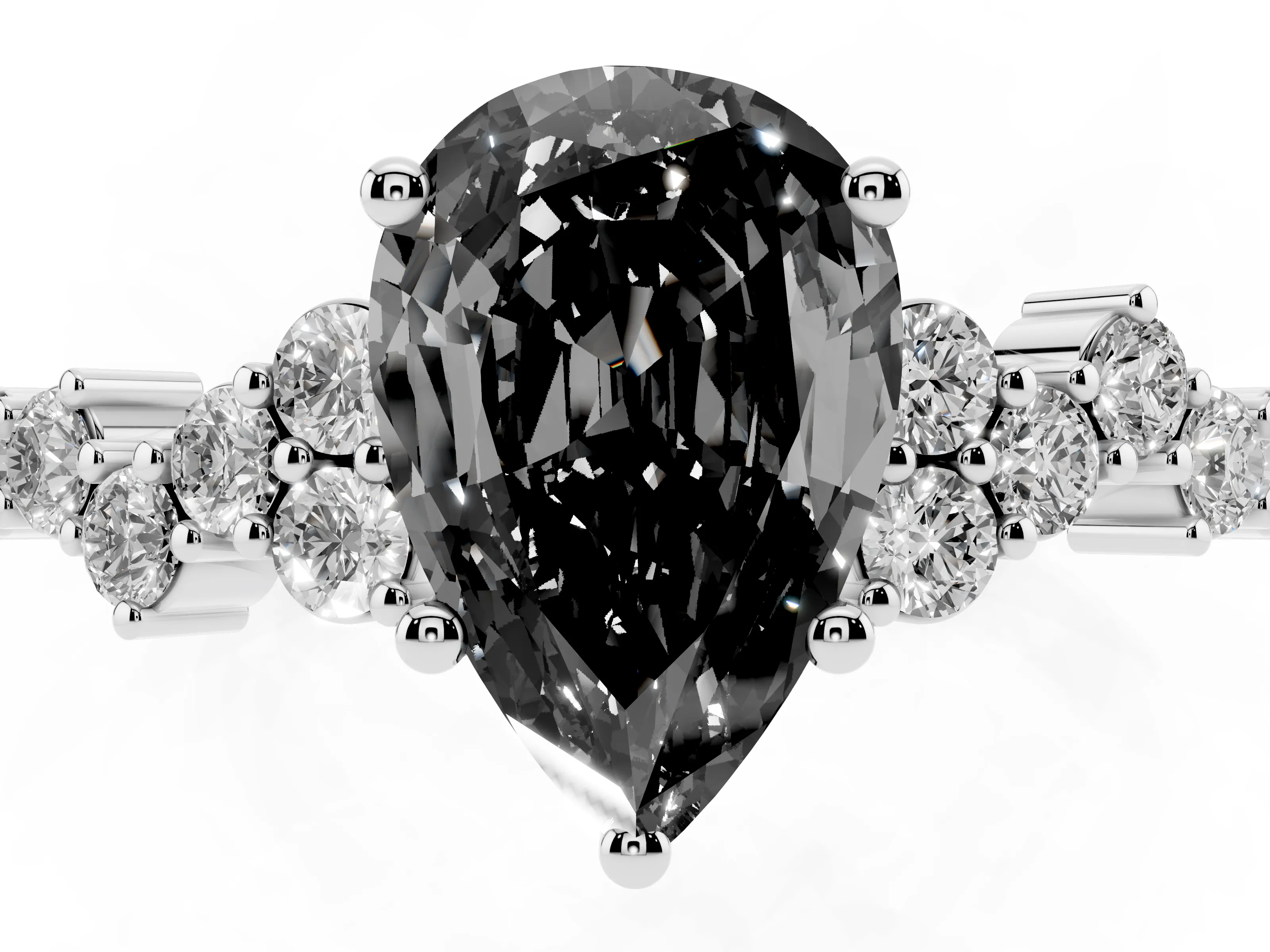 Fancy Black Pear Cut Diamond Ring Set in Platinum with Scattered Round Accents