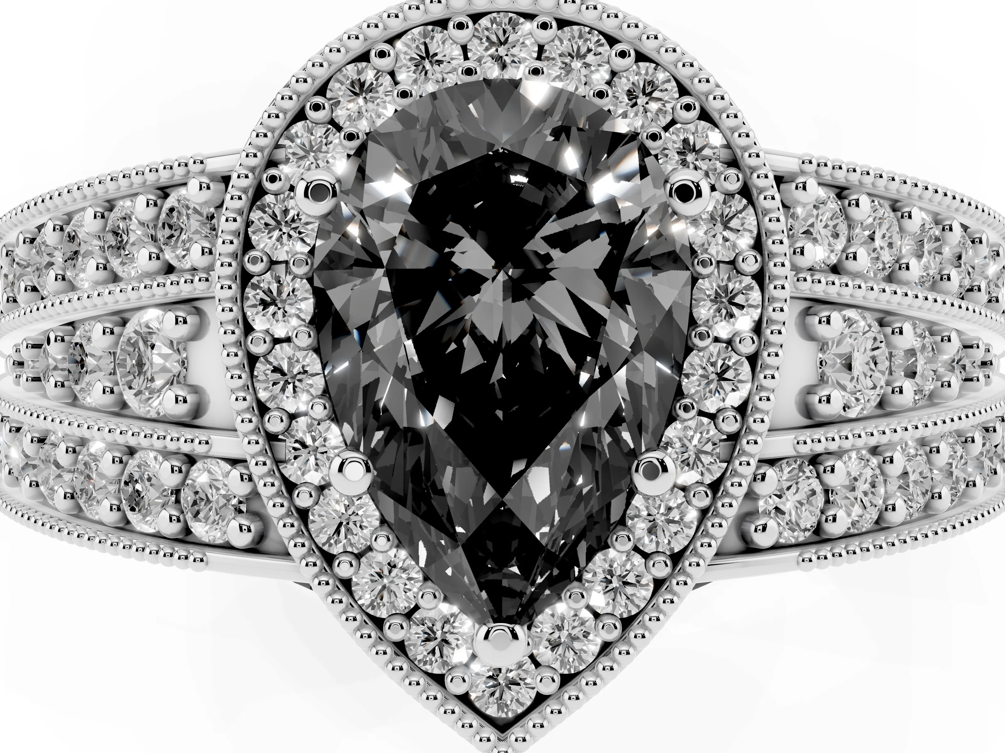 Fancy Black Pear Cut Diamond Halo Ring Set in Platinum with Accent Split Shank and Prong Setting