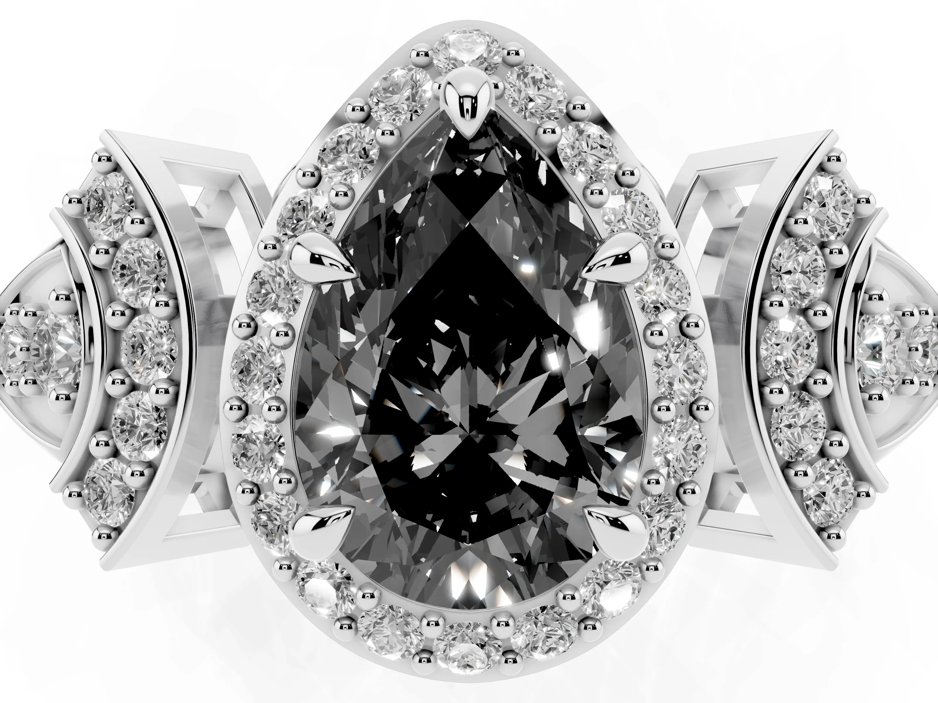 Fancy Black Pear Cut Diamond Halo Engagement Ring Set in Silver with Accent Stone Split Shank