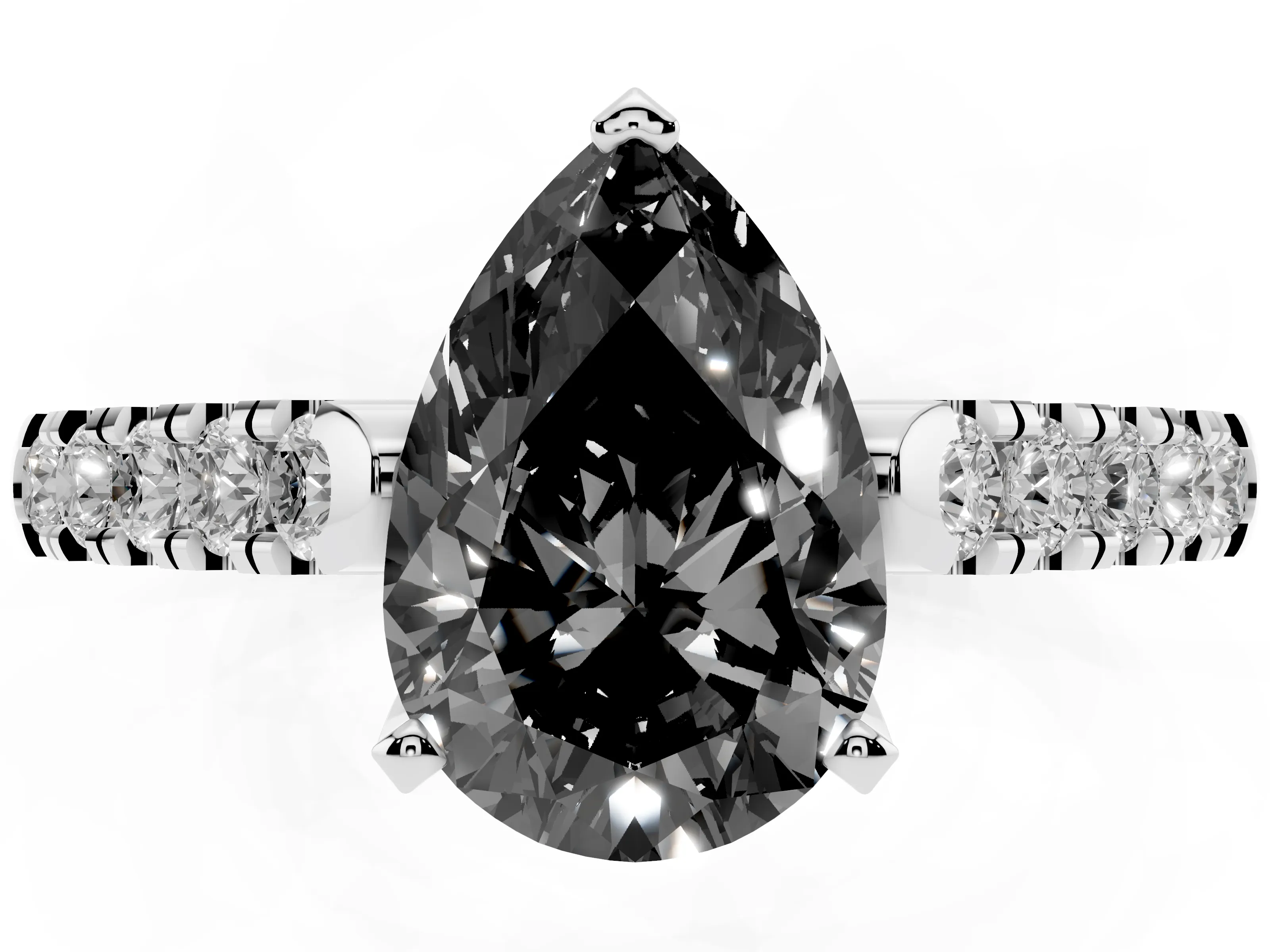 Fancy Black Pear Cut Diamond Pavé Band Solitaire Ring Set in White gold with Partway Accent Stones and Prong Setting