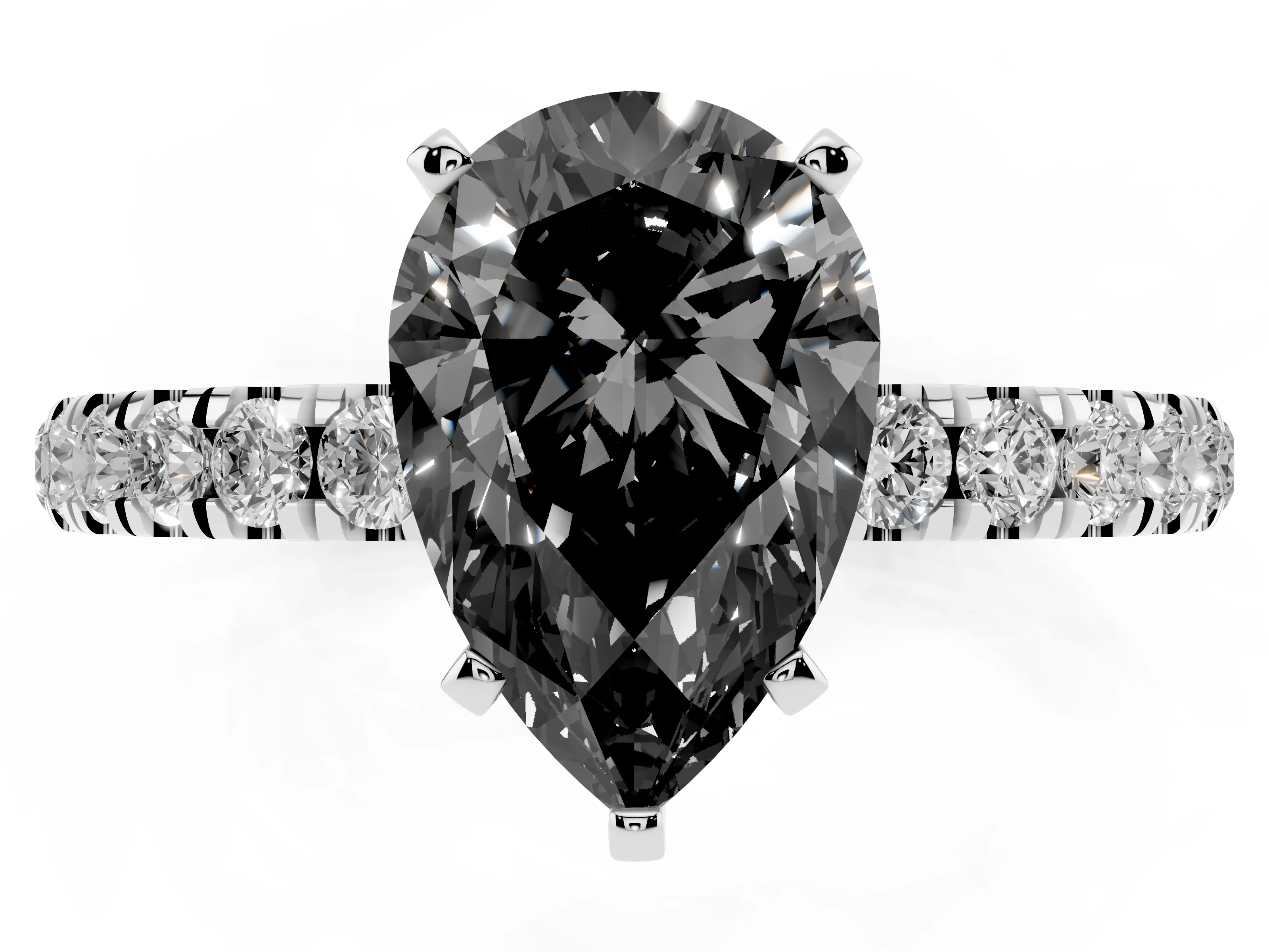 Fancy Black Pear Cut Diamond Solitaire Ring Set in Platinum with Pavé Accents and Prong Setting