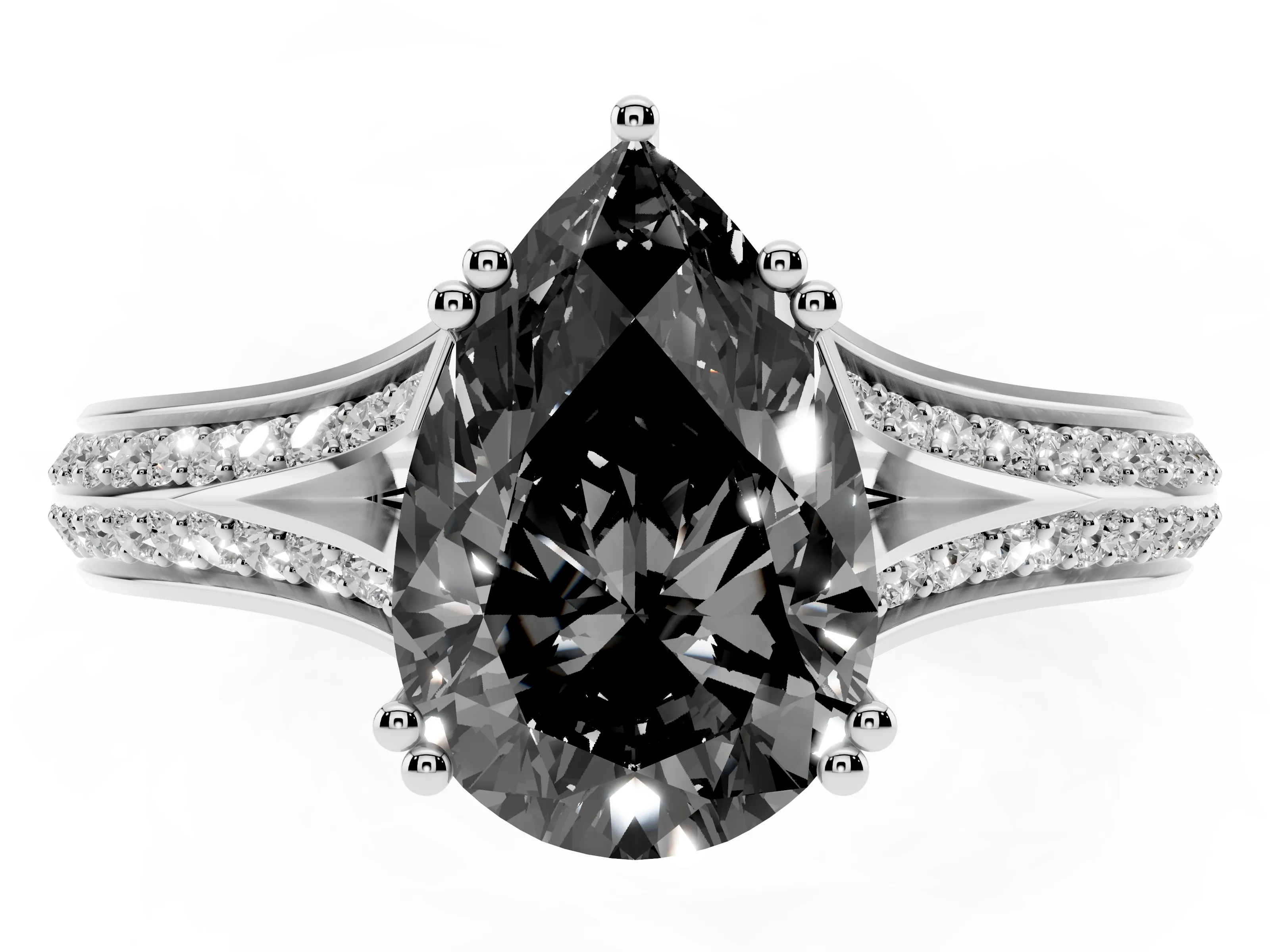 Fancy Black Pear Cut Diamond Split Shank Pavé Engagement Ring Set in Platinum with Prong-Set Center Stone