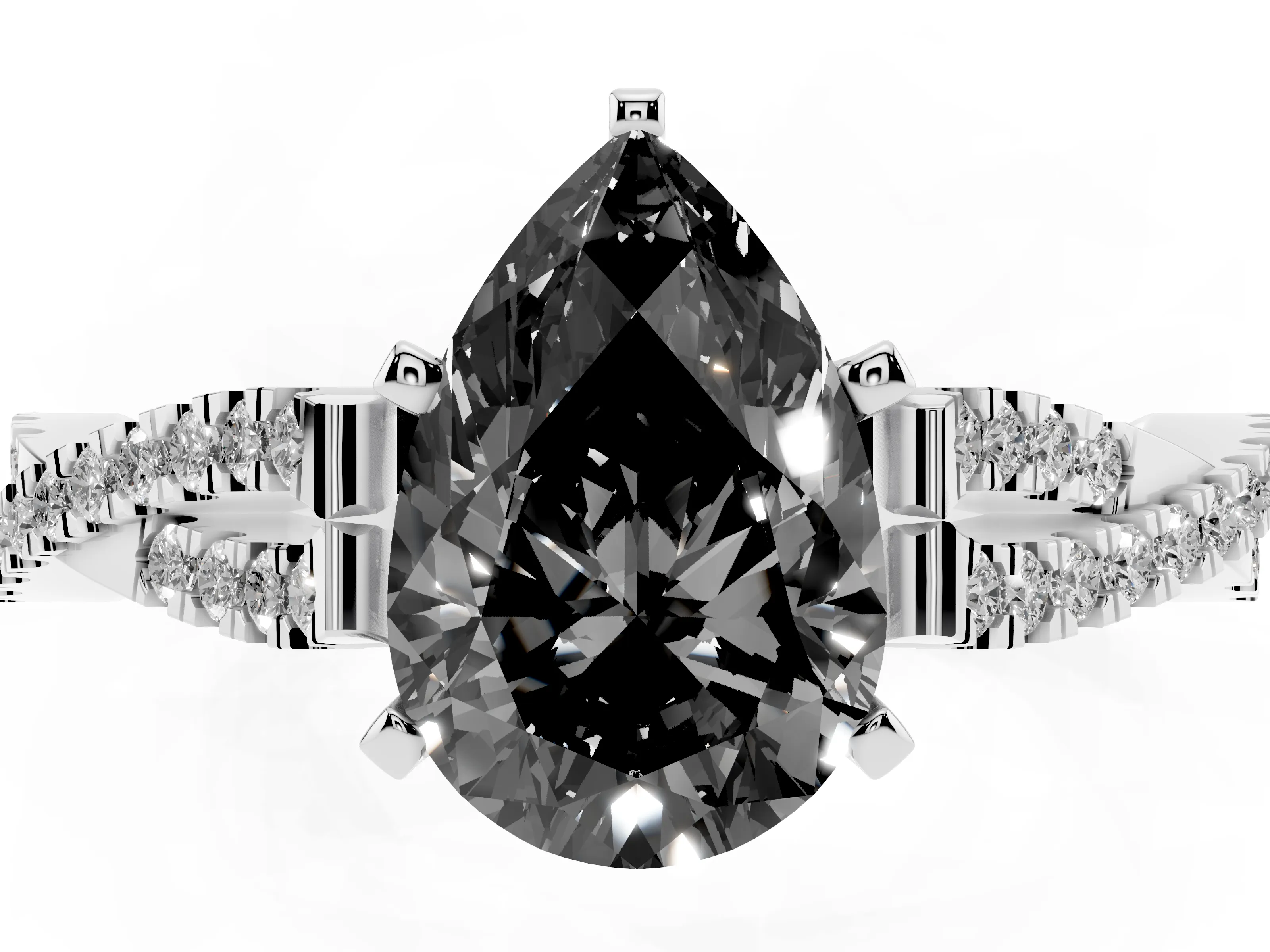 Fancy Black Pear Cut Diamond Solitaire Engagement Ring Set in White gold with Twisted Pavé Band and Prong Setting