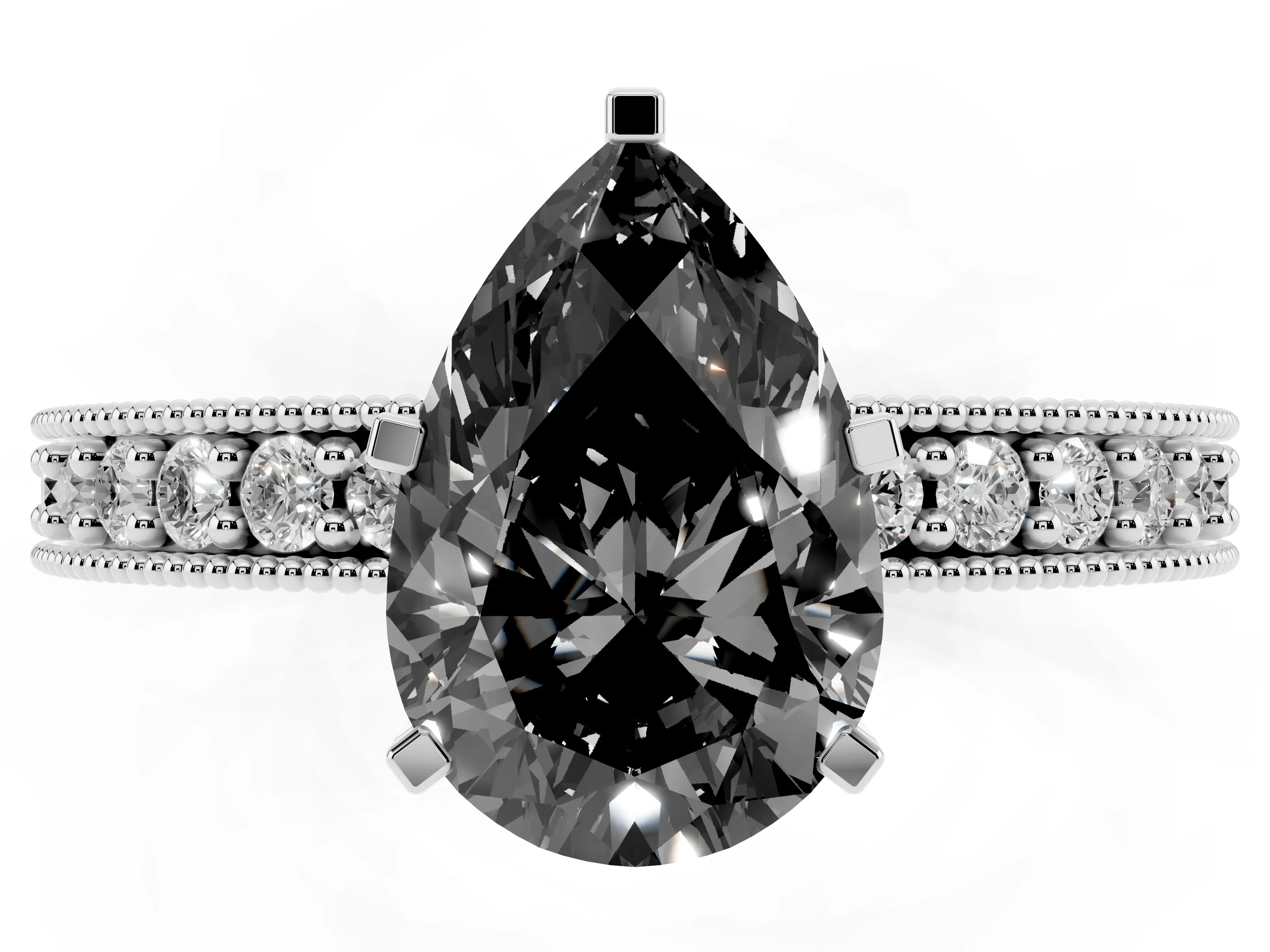 Fancy Black Pear Cut Diamond Milgrain Pavé Engagement Ring Set in White gold with Prong Setting