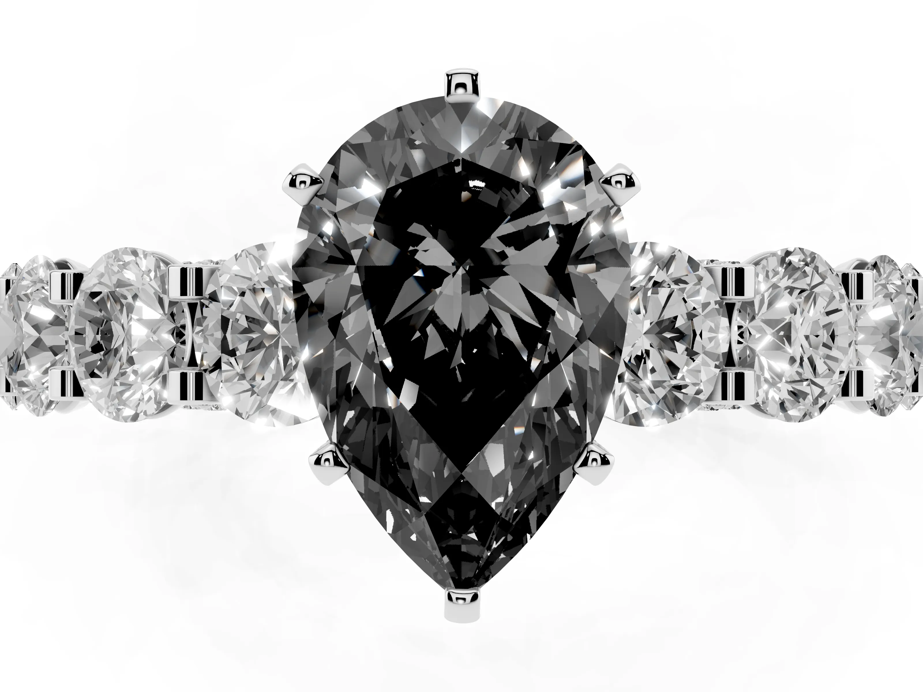 Fancy Black Pear Cut Diamond Side Stone Ring Set in White gold with Alternating Round and Oval Side Stones