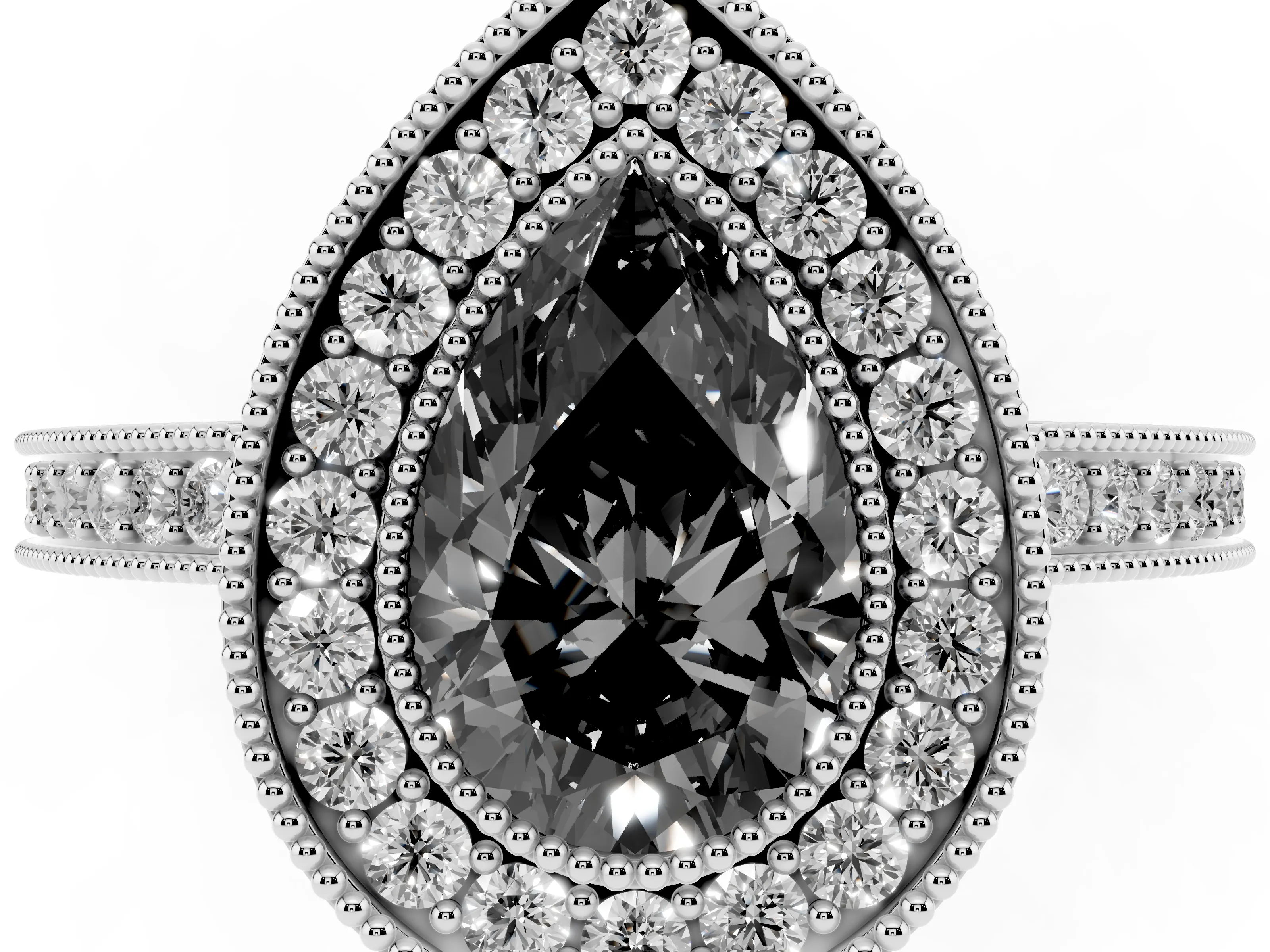 Fancy Black Pear Cut Diamond Round Halo Ring Set in White gold with Pavé Band