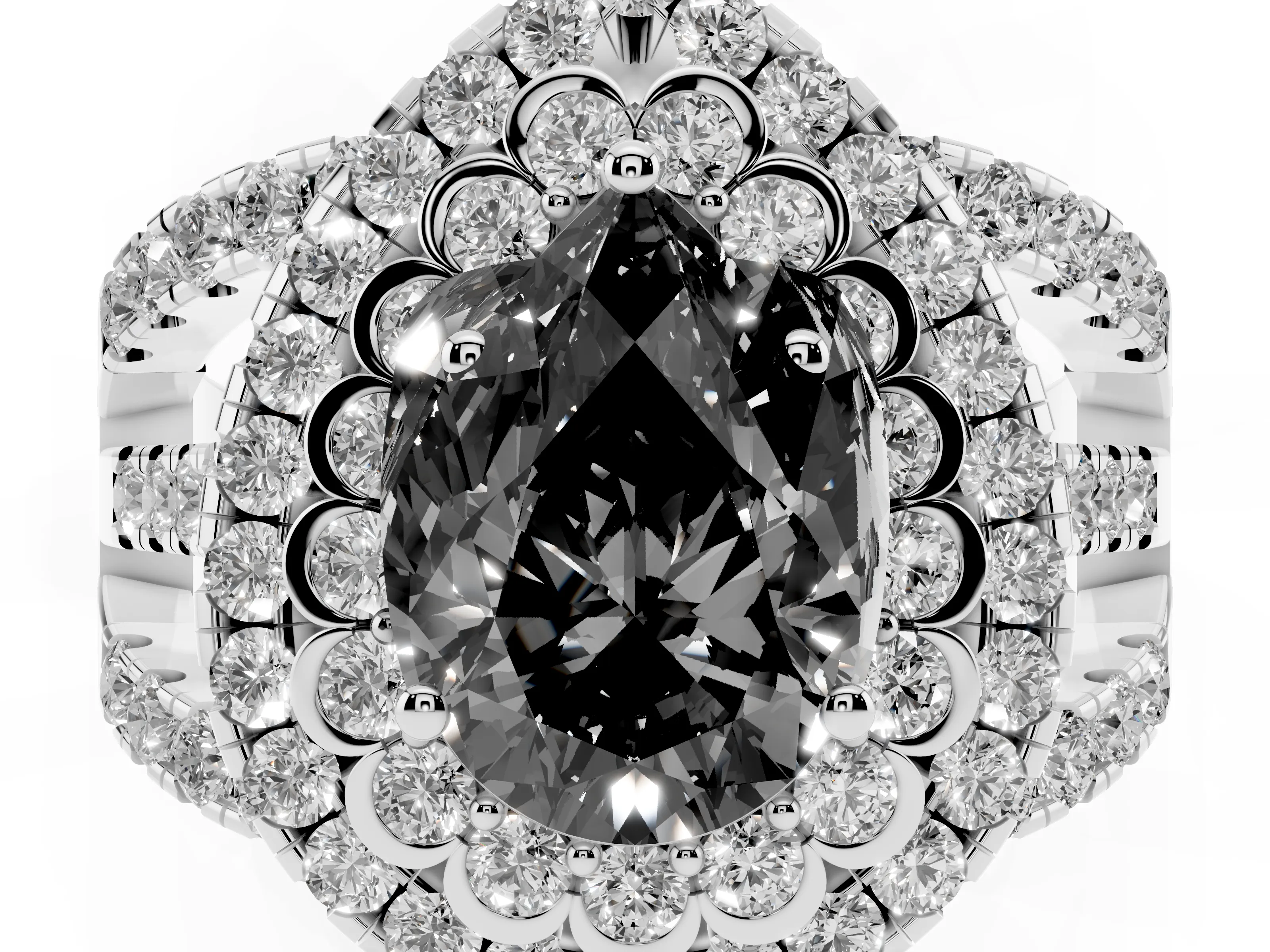 Fancy Black Pear Cut Diamond Double Halo Ring Set in Silver with Round Pavé Split Shank