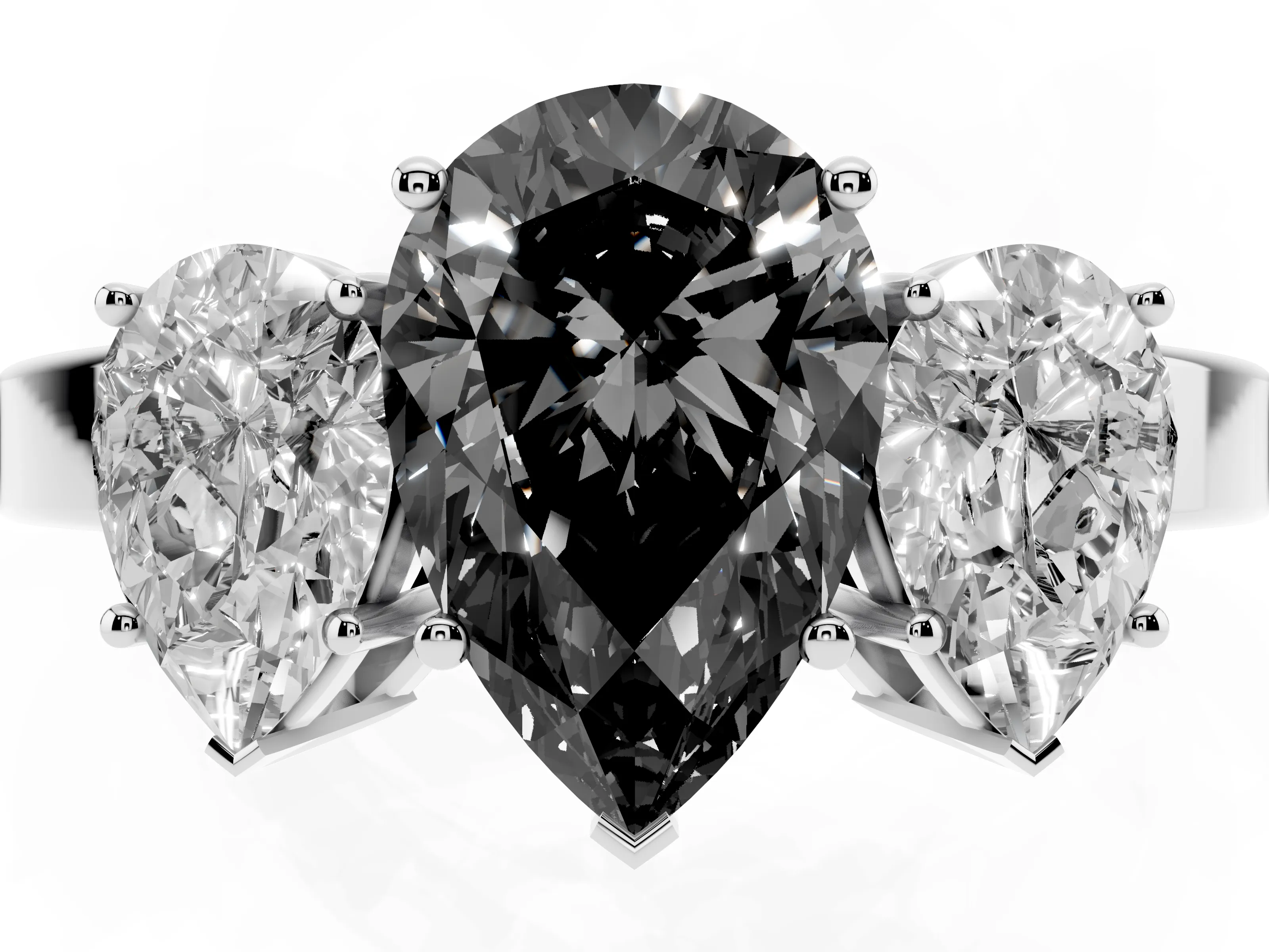 Fancy Black Pear Cut Diamond Three-Stone Engagement Ring Set in Platinum with Flat Band