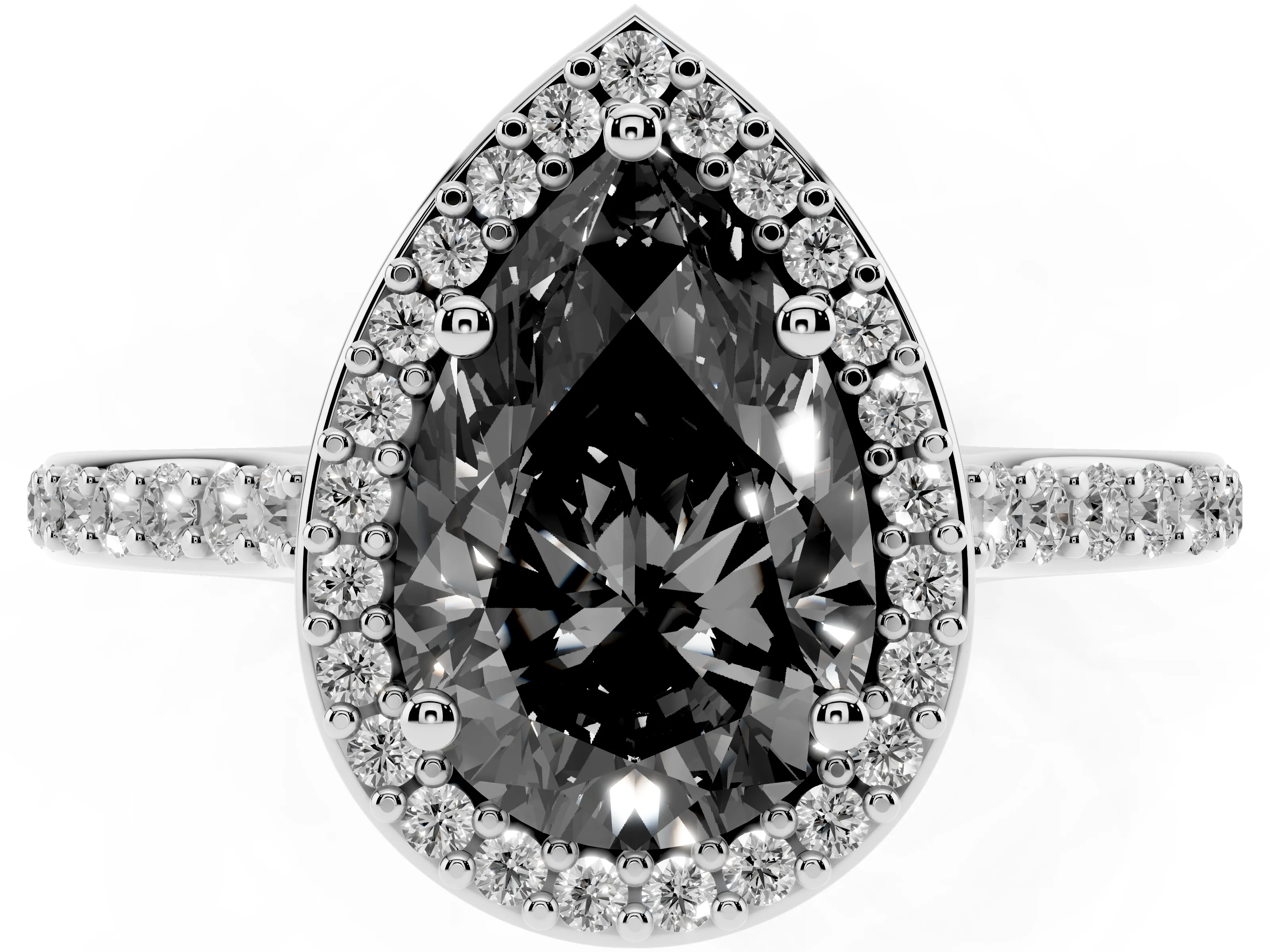 Fancy Black Pear Cut Diamond Halo Engagement Ring Set in White gold with Round Pavé Shoulders and Heart Gallery