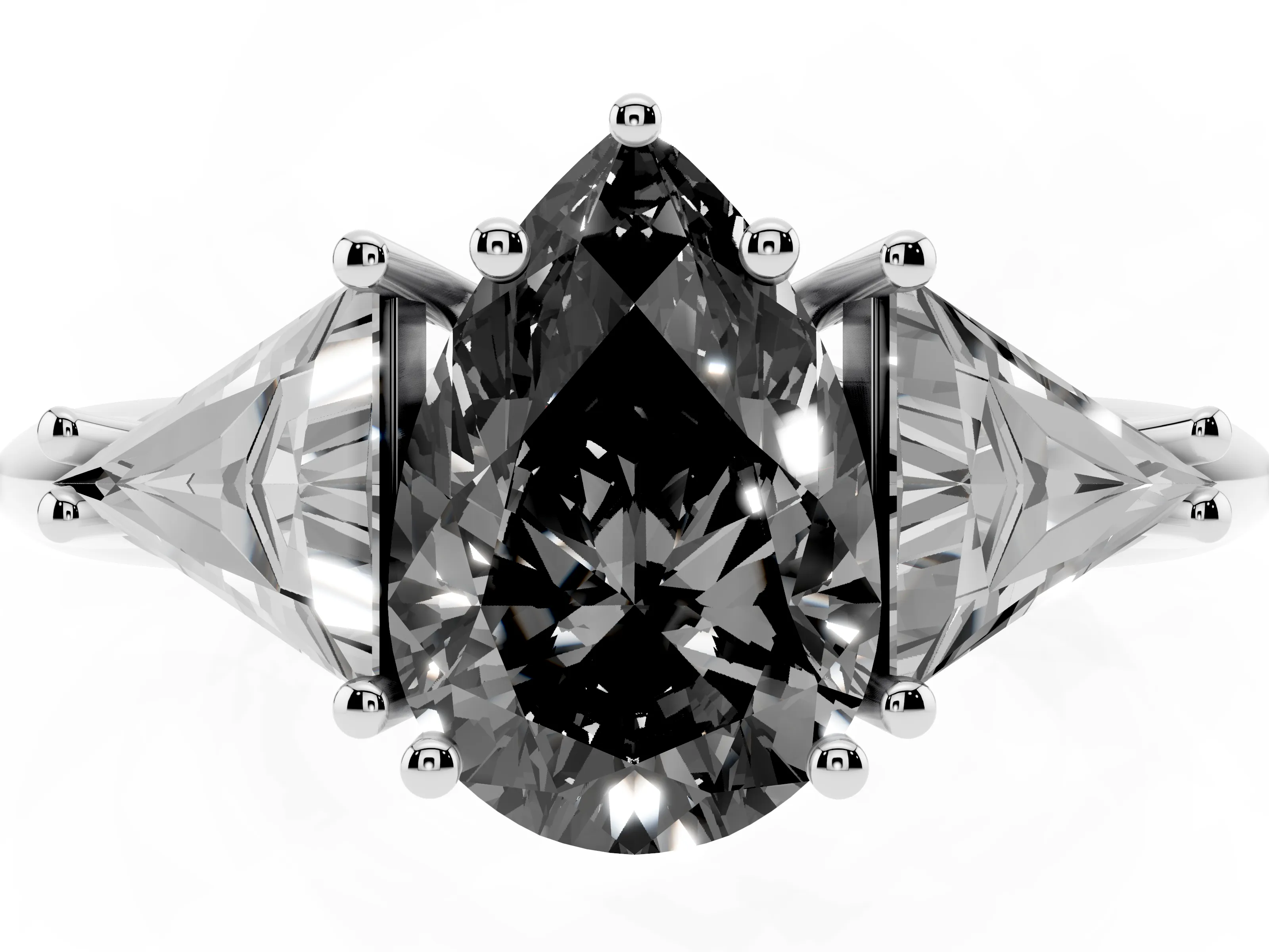 Fancy Black Pear Cut Diamond Three-Stone Engagement Ring Set in Platinum with Trillion Side Stones