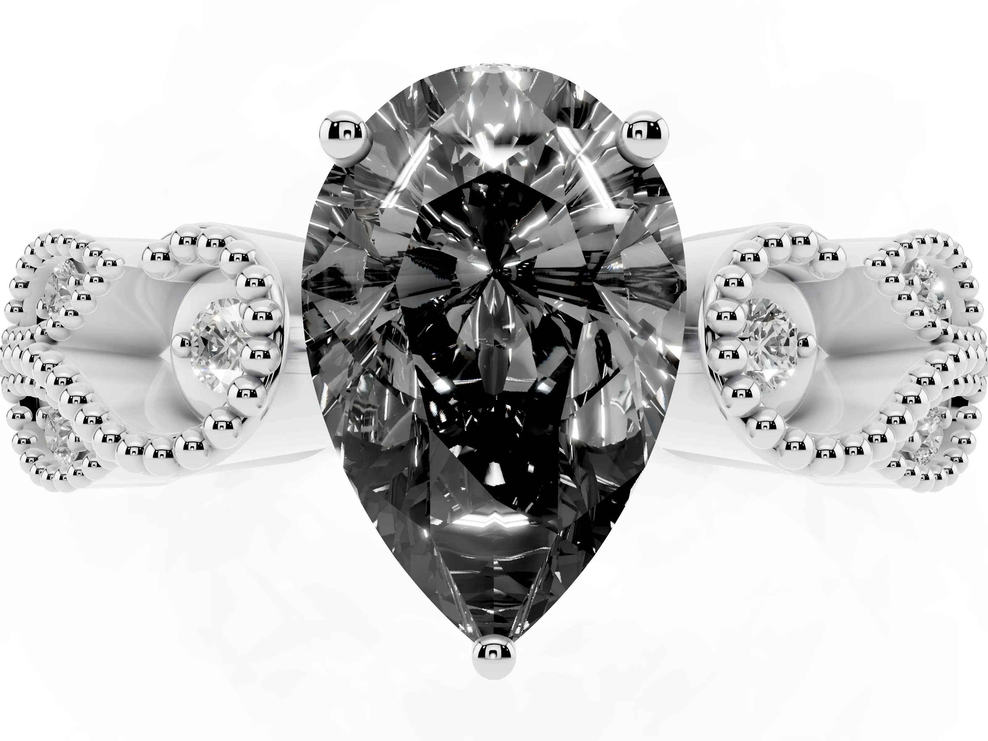 Fancy Black Pear Cut Diamond Milgrain Leaf Band Solitaire Ring Set in White gold with Accent Stones and Prong Setting