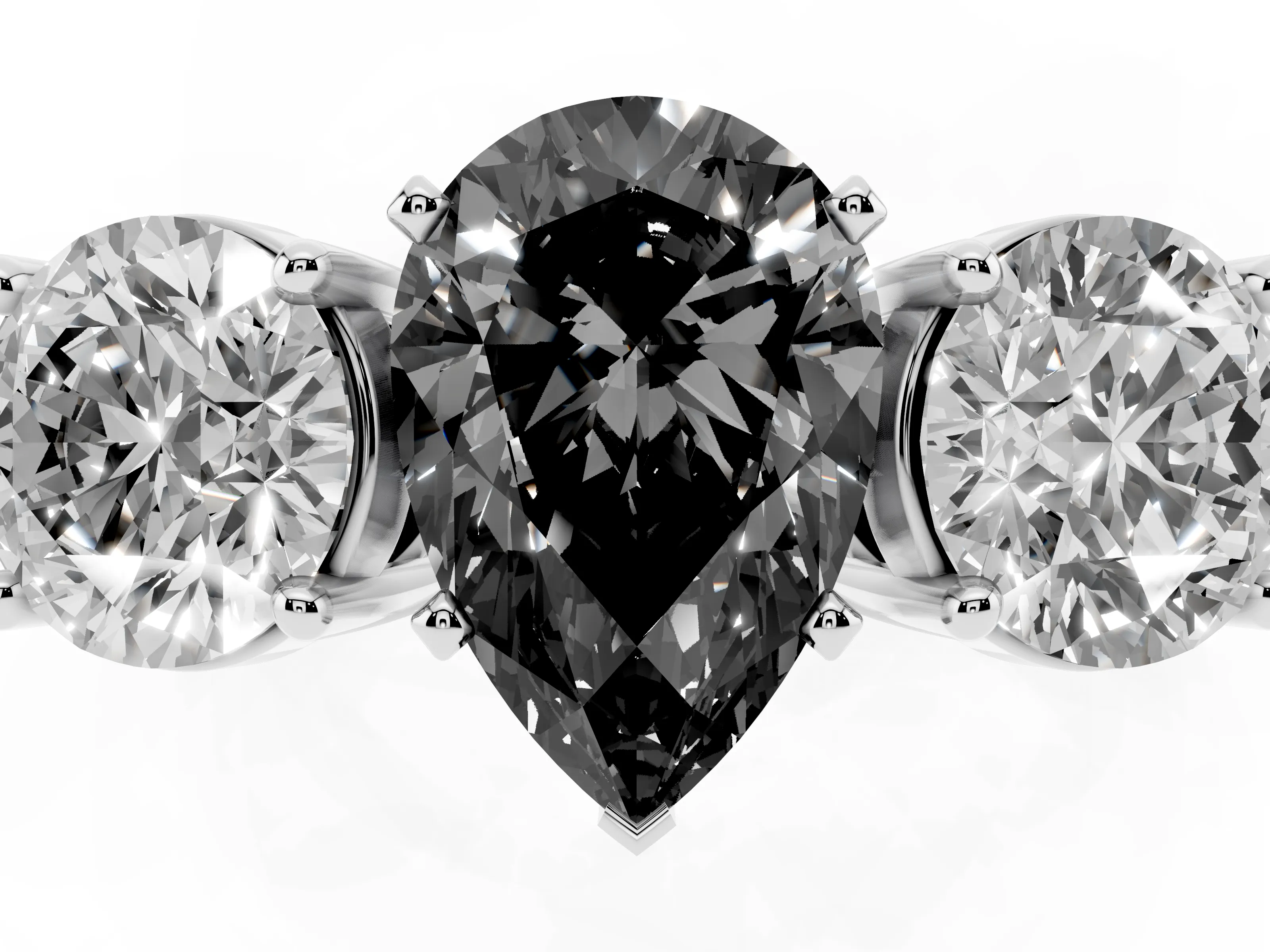 Fancy Black Pear Cut Diamond Three-Stone Ring Set in Platinum with Round Side Stones and Classic Band