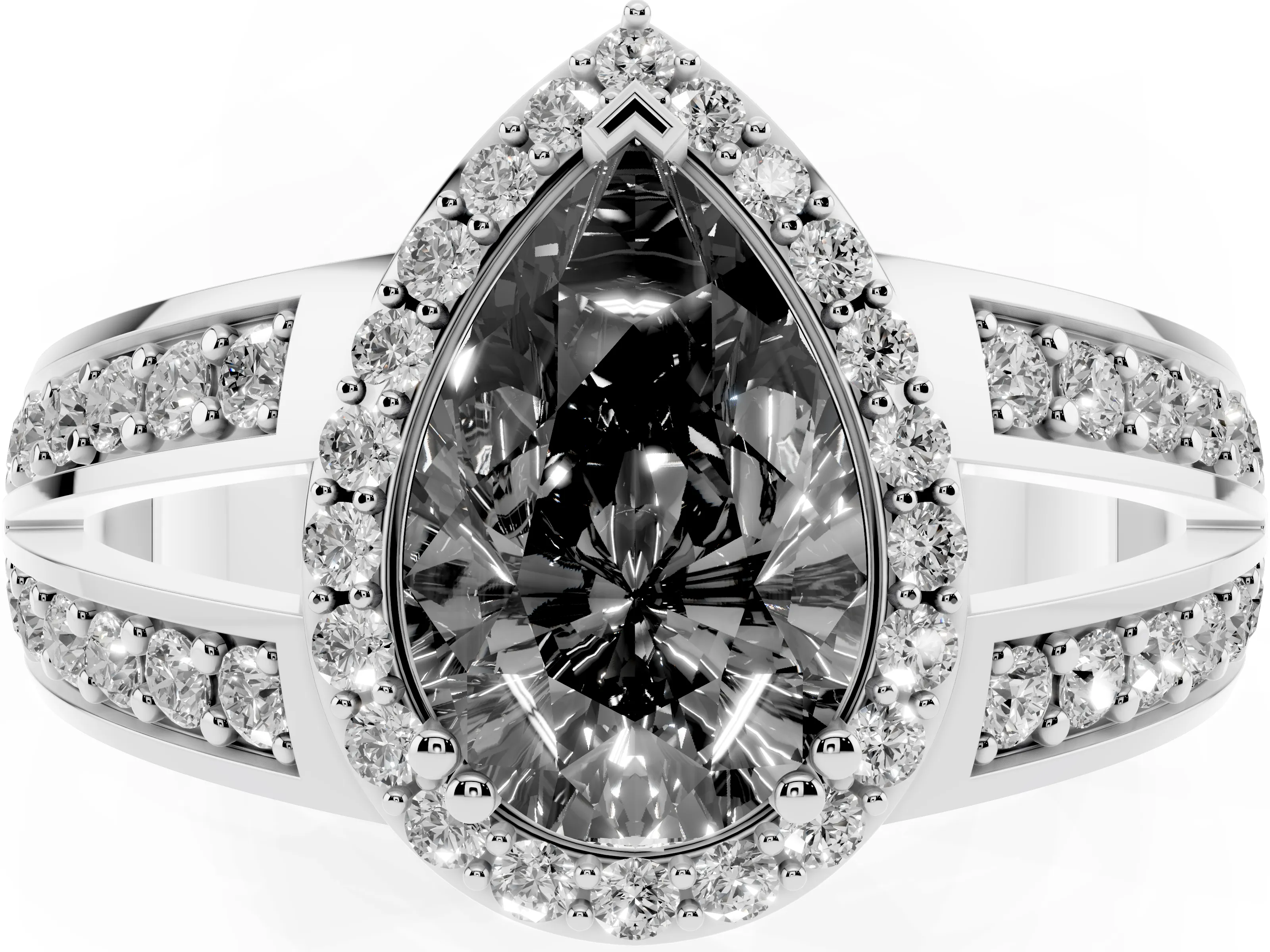 Fancy Black Pear Cut Diamond Halo Ring Set in Silver with Double Pavé Split Shank