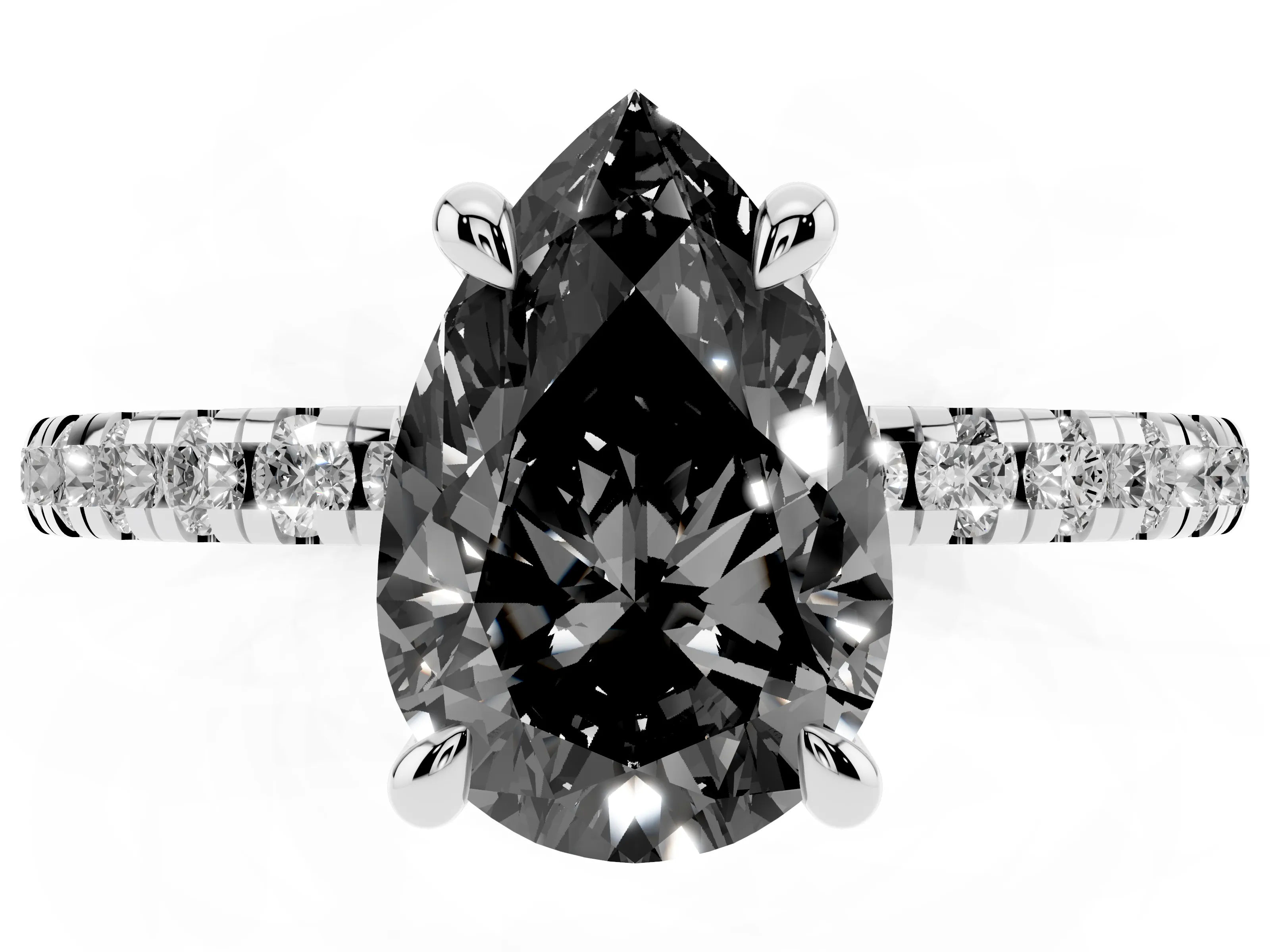 Fancy Black Pear Cut Diamond Brilliant Solitaire Ring Set in White gold with Pavé Band and Prong Setting