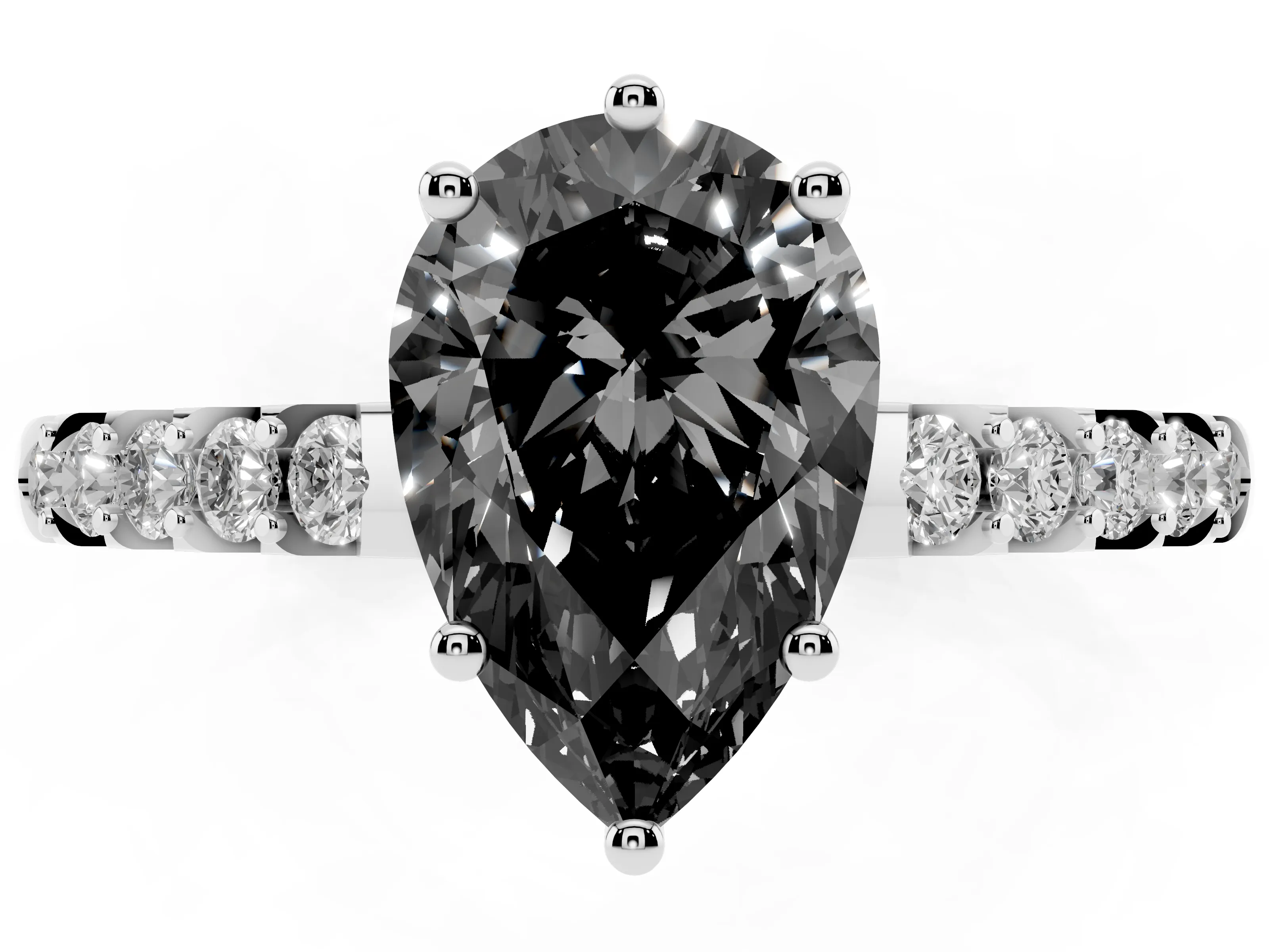 Fancy Black Pear Cut Diamond Solitaire Engagement Ring Set in Platinum with Pavé Band and Prong Setting