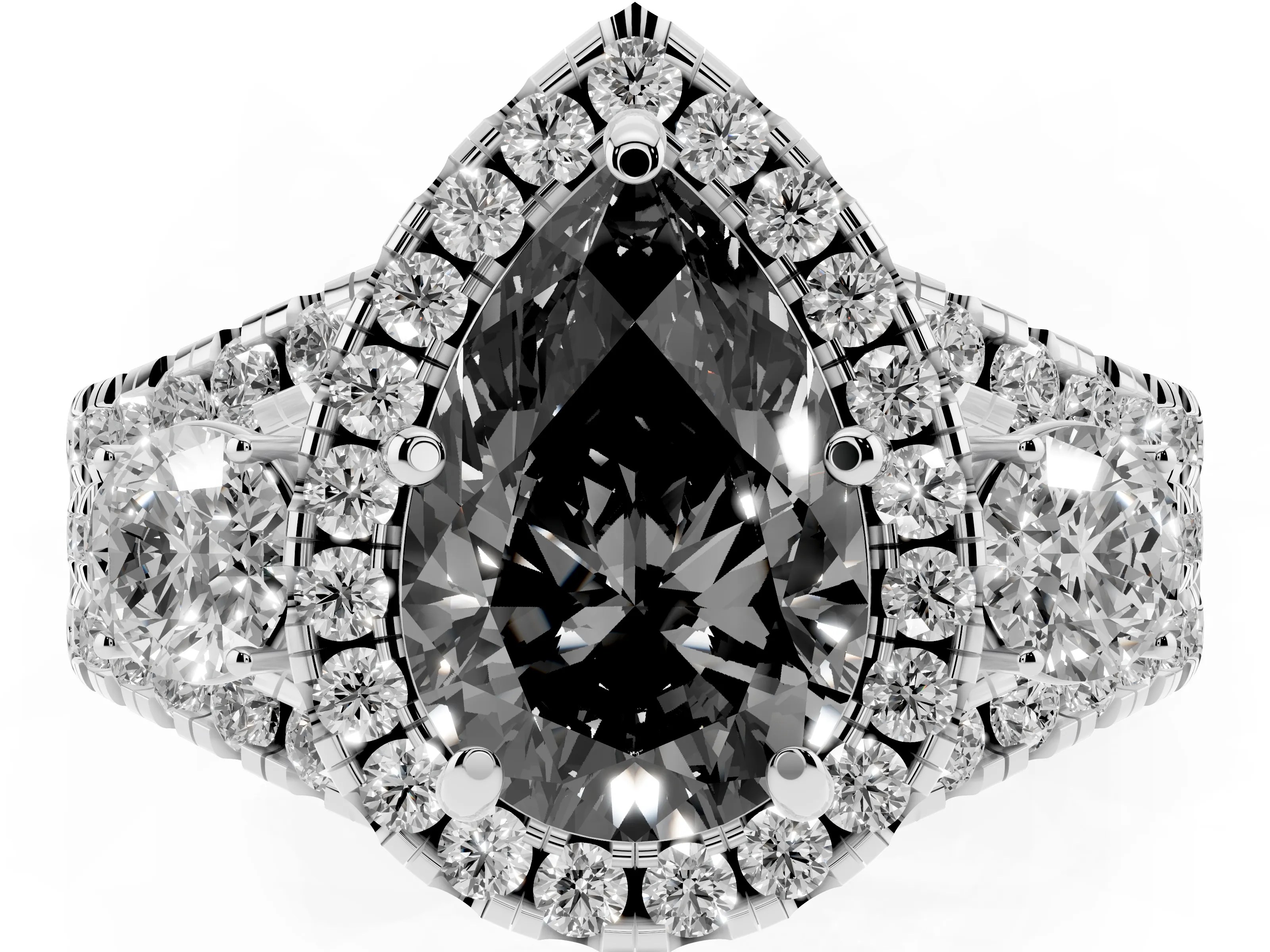 Fancy Black Pear Cut Diamond Halo Split Shank Ring Set in Silver with Round Accent Stones and Prong Setting