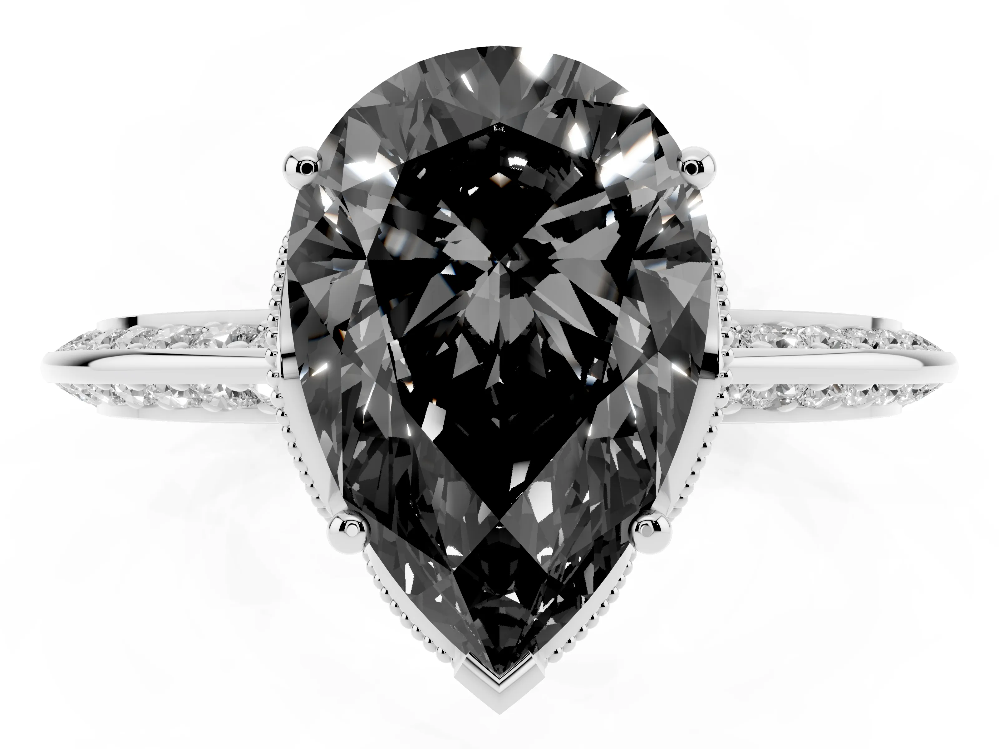 Fancy Black Pear Cut Diamond Solitaire Engagement Ring Set in Silver with Pavé Split Shank and Prong Setting