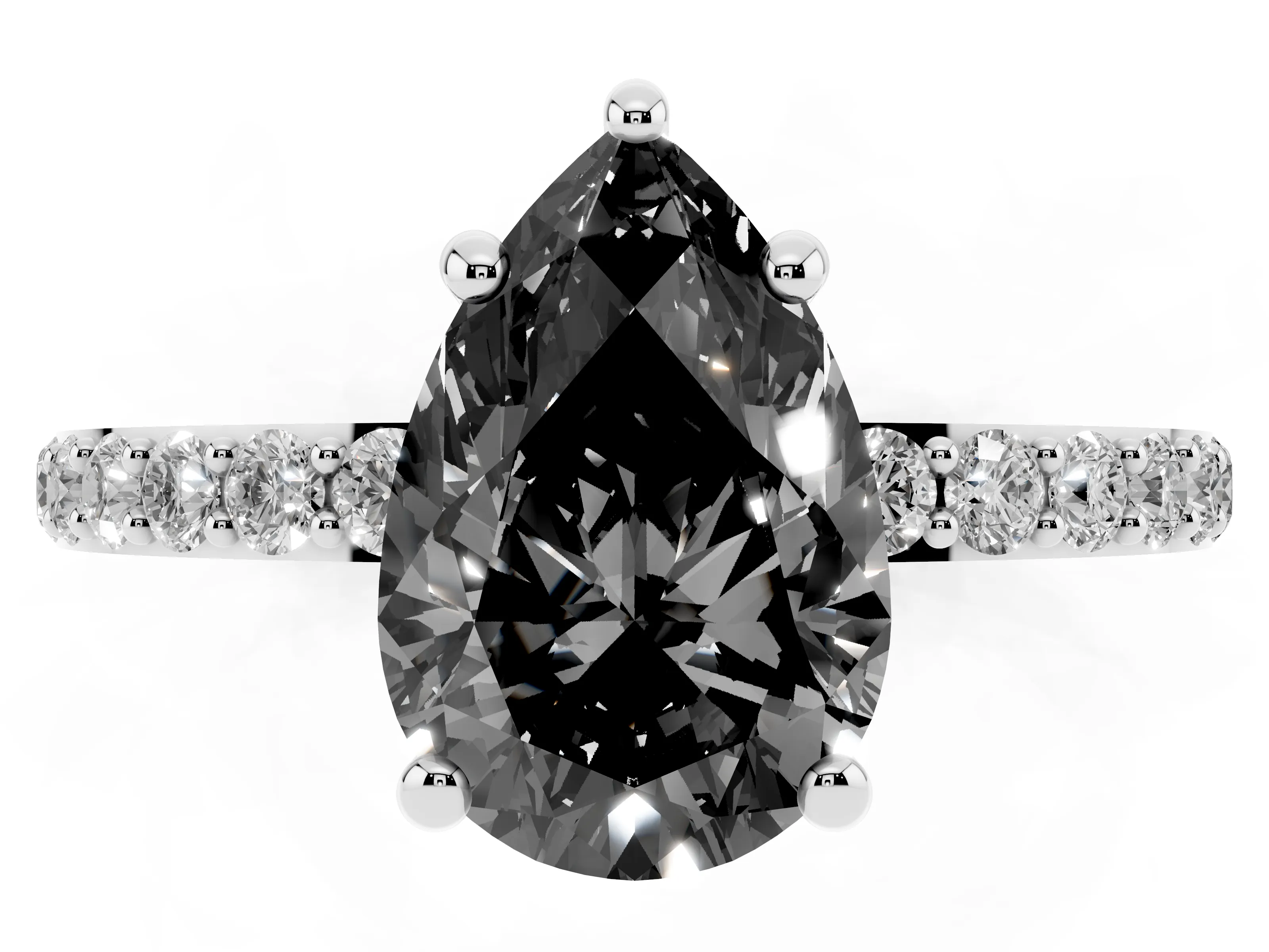 Fancy Black Pear Cut Diamond Solitaire Ring Set in Platinum with Round Pavé Band and Prong Setting