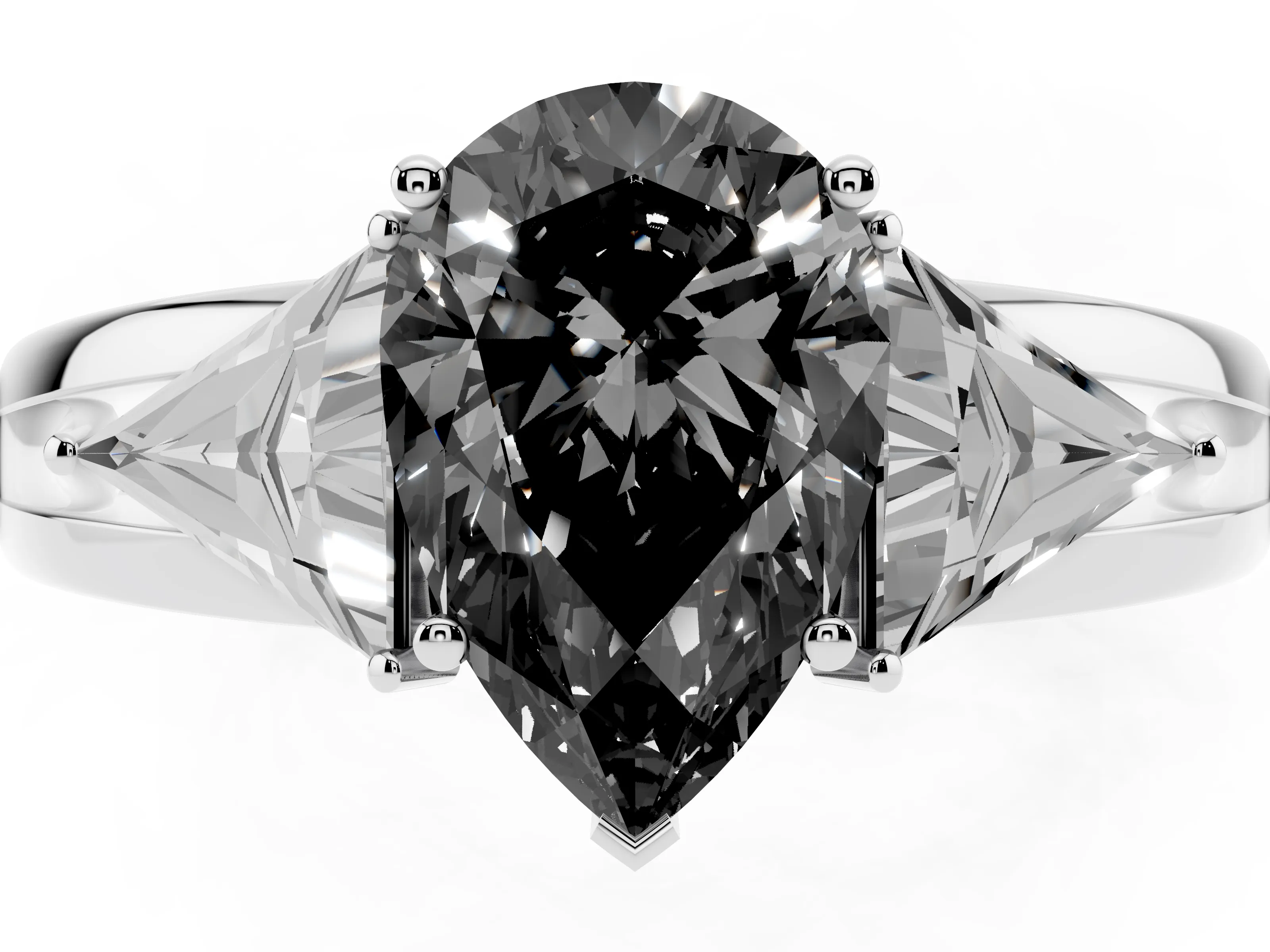 Fancy Black Pear Cut Diamond Three-Stone Ring Set in Silver with Trillion Side Stones and Split Shank
