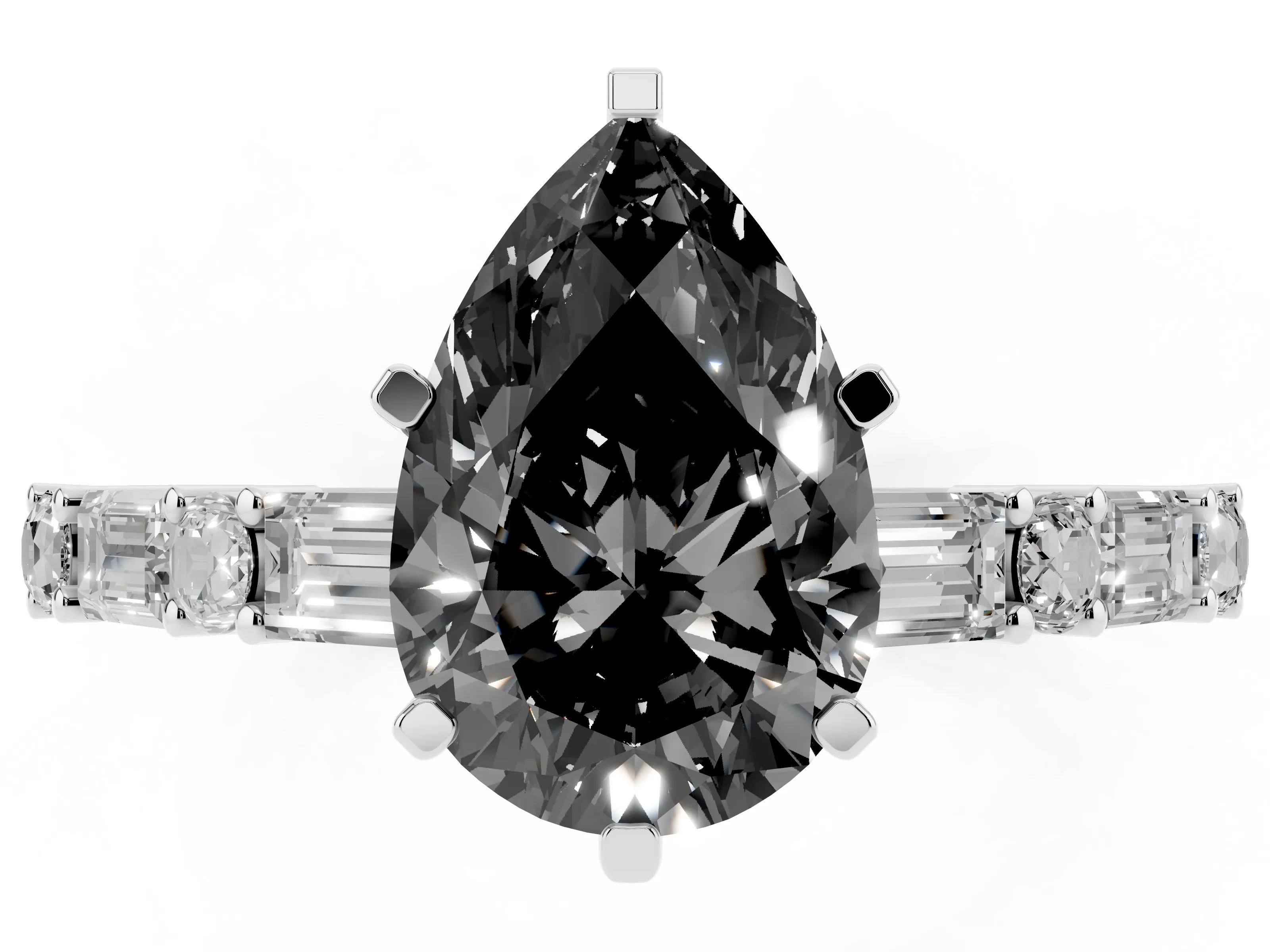 Fancy Black Pear Cut Diamond Solitaire Set in Platinum with Side Baguettes and Channel Set Band