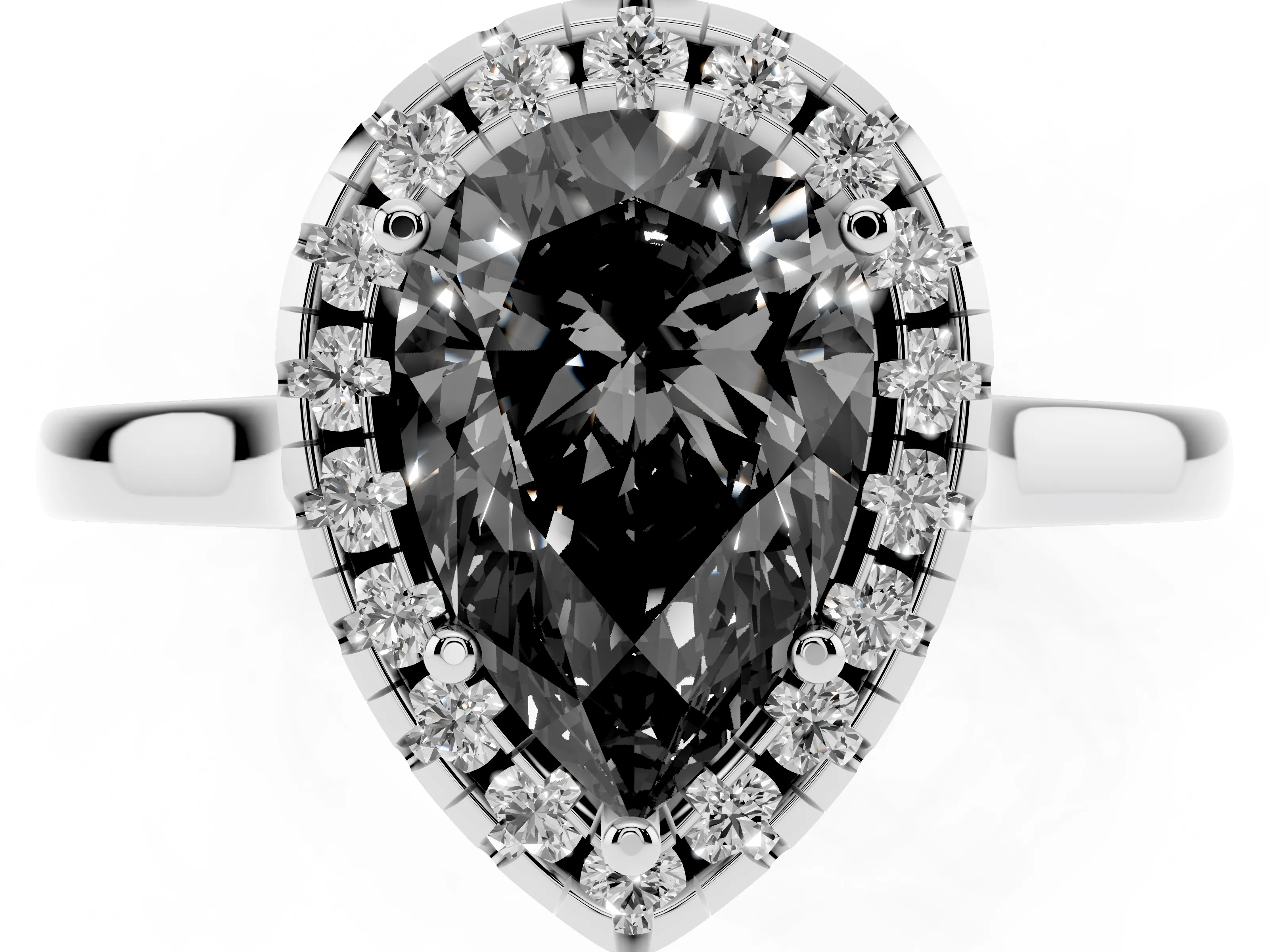 Fancy Black Pear Cut Halo Round Diamond Solitaire Ring Set in Platinum with Pavé Band and Prong Setting