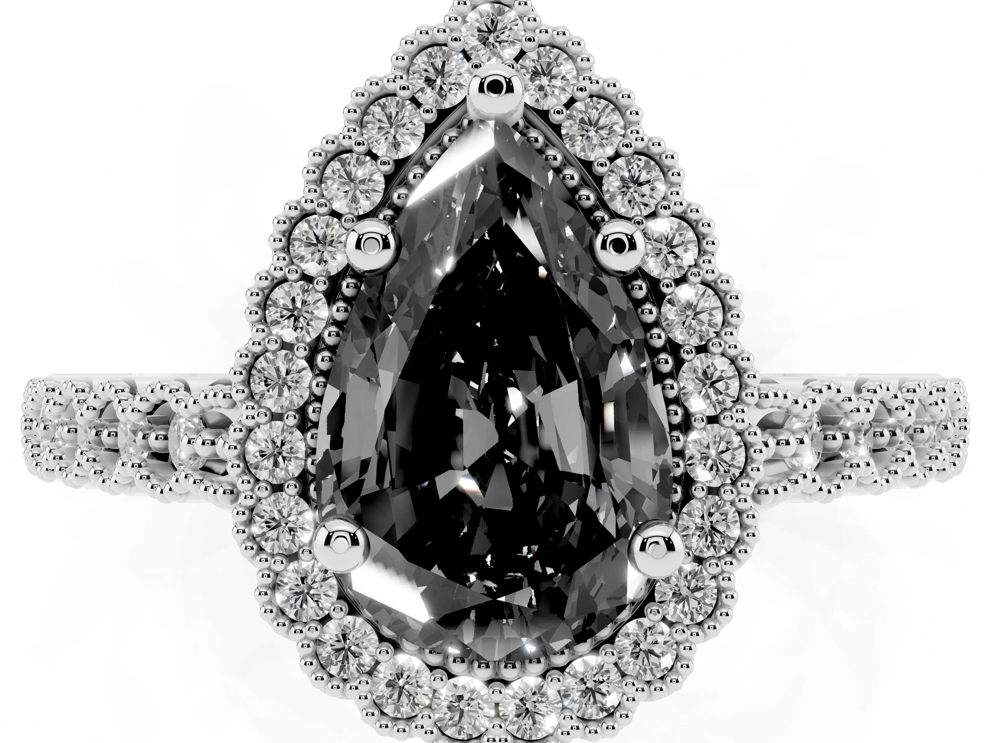 Fancy Black Pear Cut Diamond Halo Ring Set in Platinum with Pavé Milgrain Band