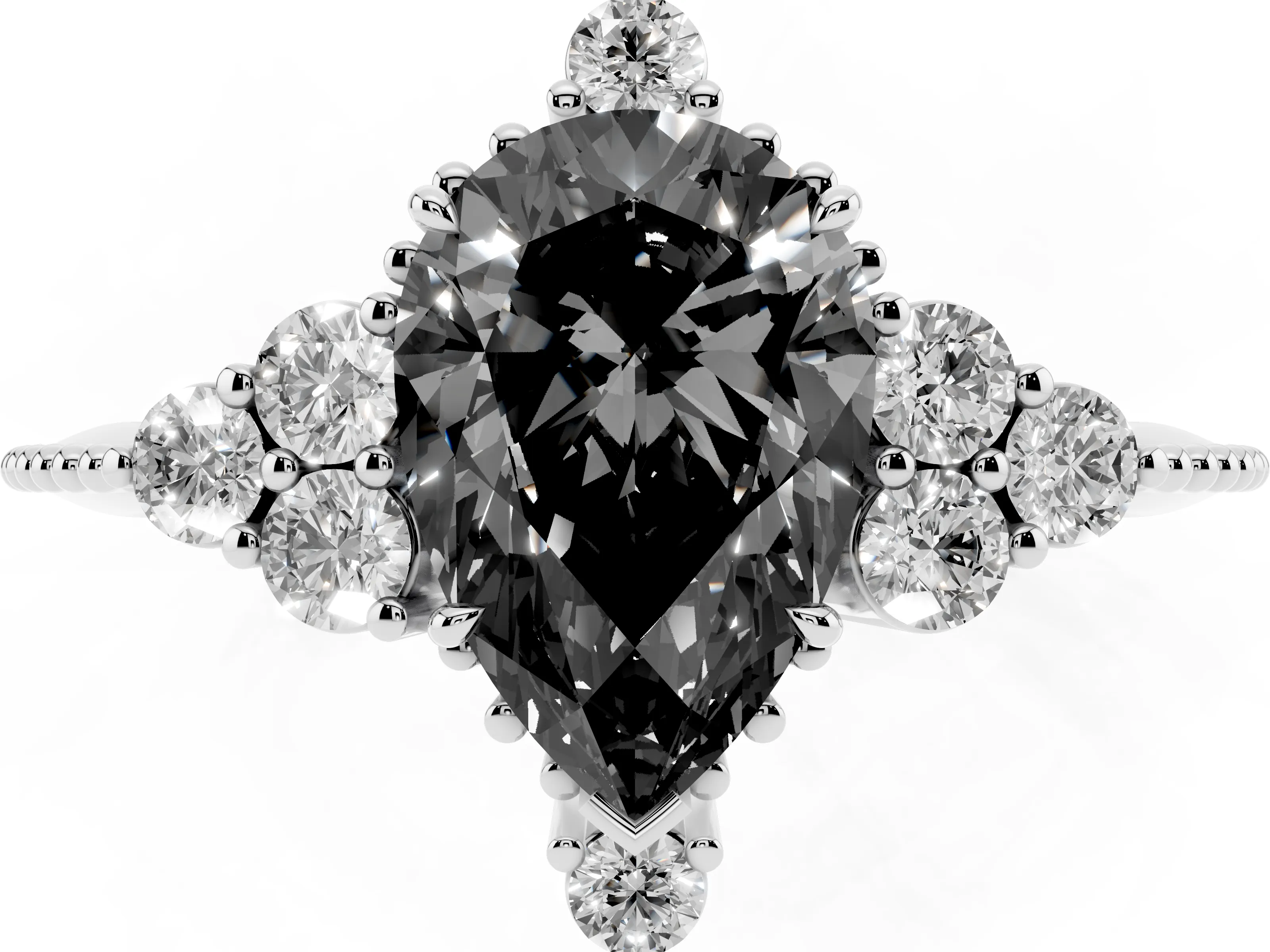 Fancy Black Pear Cut Diamond Cluster Ring Set in Platinum with Beaded Band