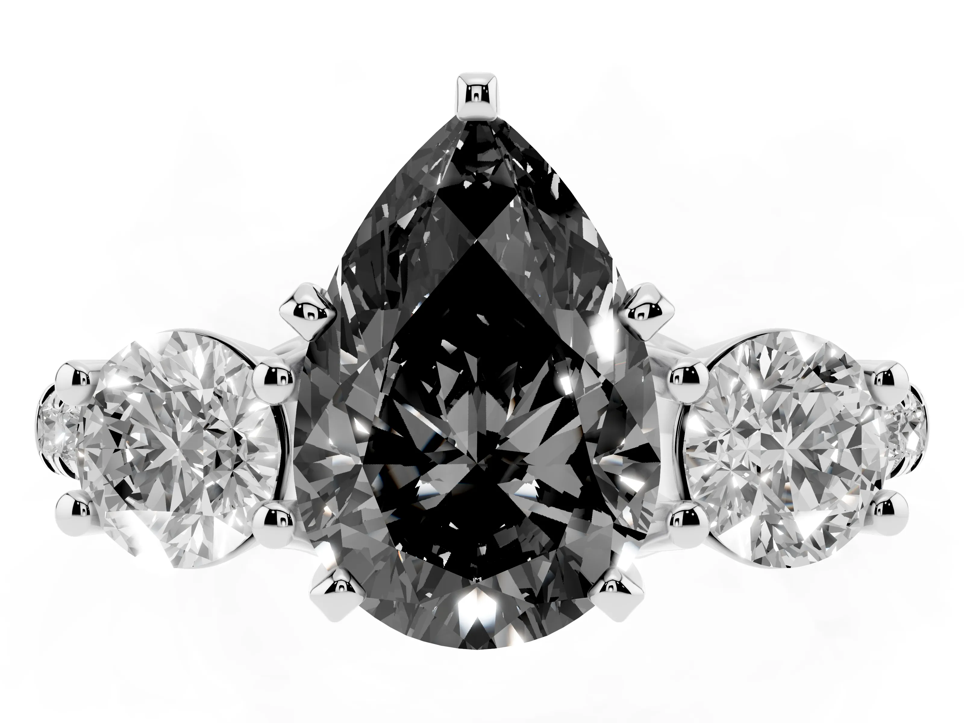 Fancy Black Three-Stone Pear Cut Diamond Pavé Band Ring Set in White gold with Prong-Set Trio