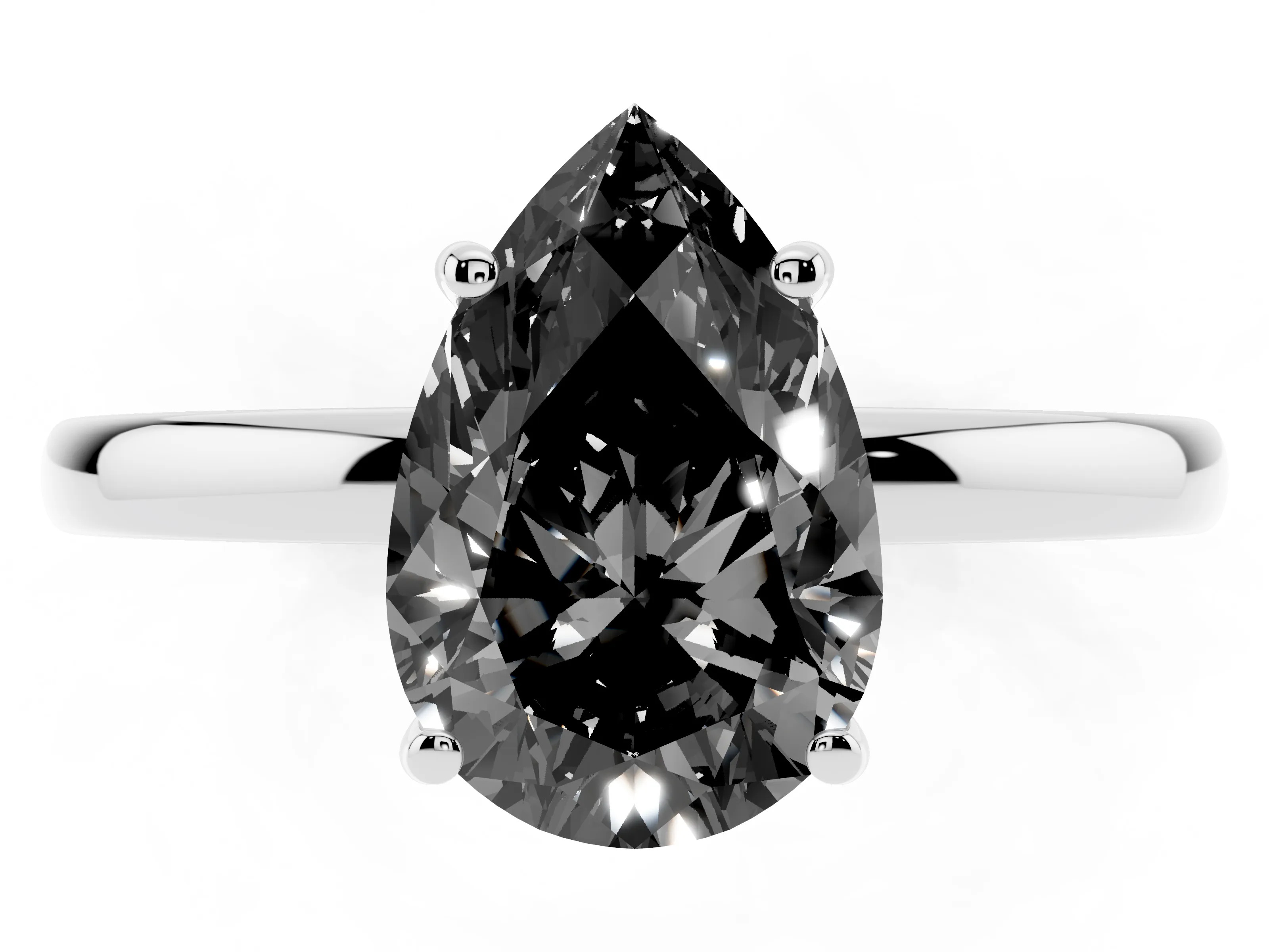 Fancy Black Pear Cut Diamond Solitaire Ring Set in Platinum with Plain Band and Prong Setting