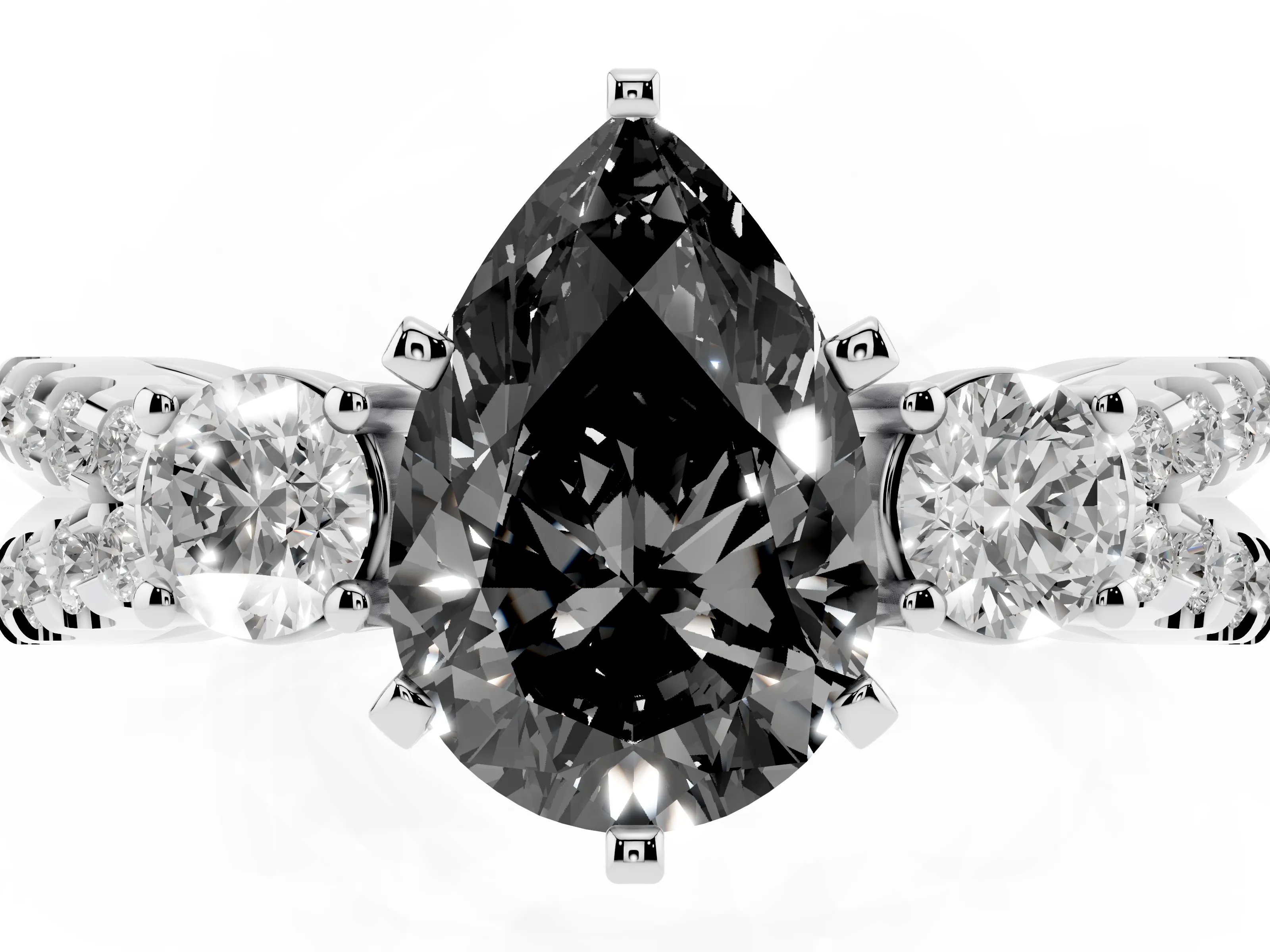 Fancy Black Pear Cut Diamond Three-Stone Ring Set in Platinum with Pavé Split Shank and Prong Setting