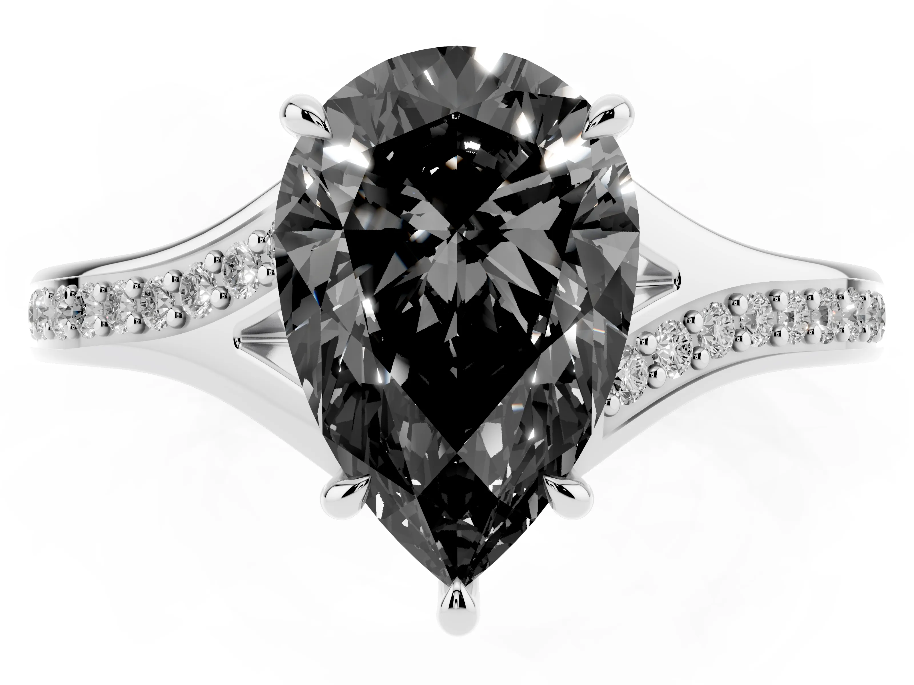 Fancy Black Pear Cut Diamond Solitaire Ring Set in Silver with Pavé Accent Band and Classic Prong Setting